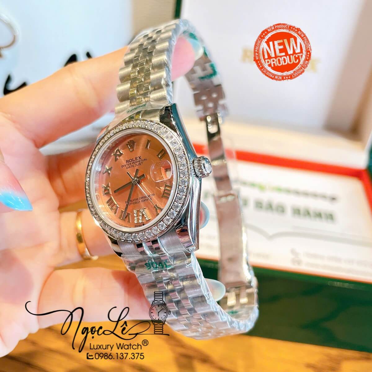 Đồng Hồ Nữ Rolex Datejust Tự Động Dây Bạc Mặt Hồng Nhạt Đính Đá Size 31mm - Mặt Số La Mã