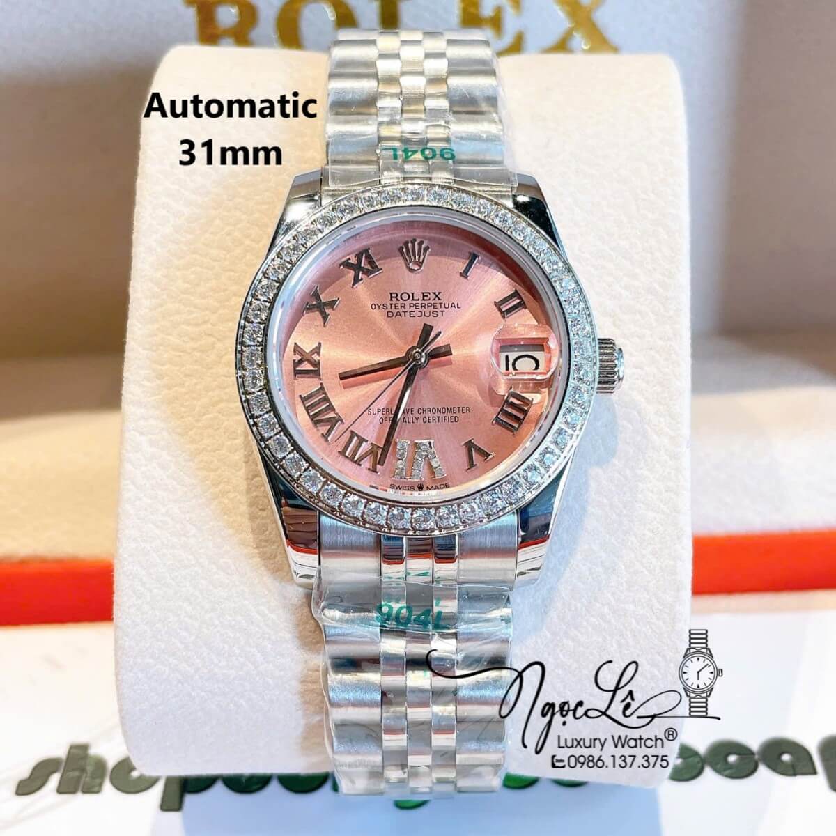 Đồng Hồ Nữ Rolex Datejust Tự Động Dây Bạc Mặt Hồng Nhạt Đính Đá Size 31mm - Mặt Số La Mã