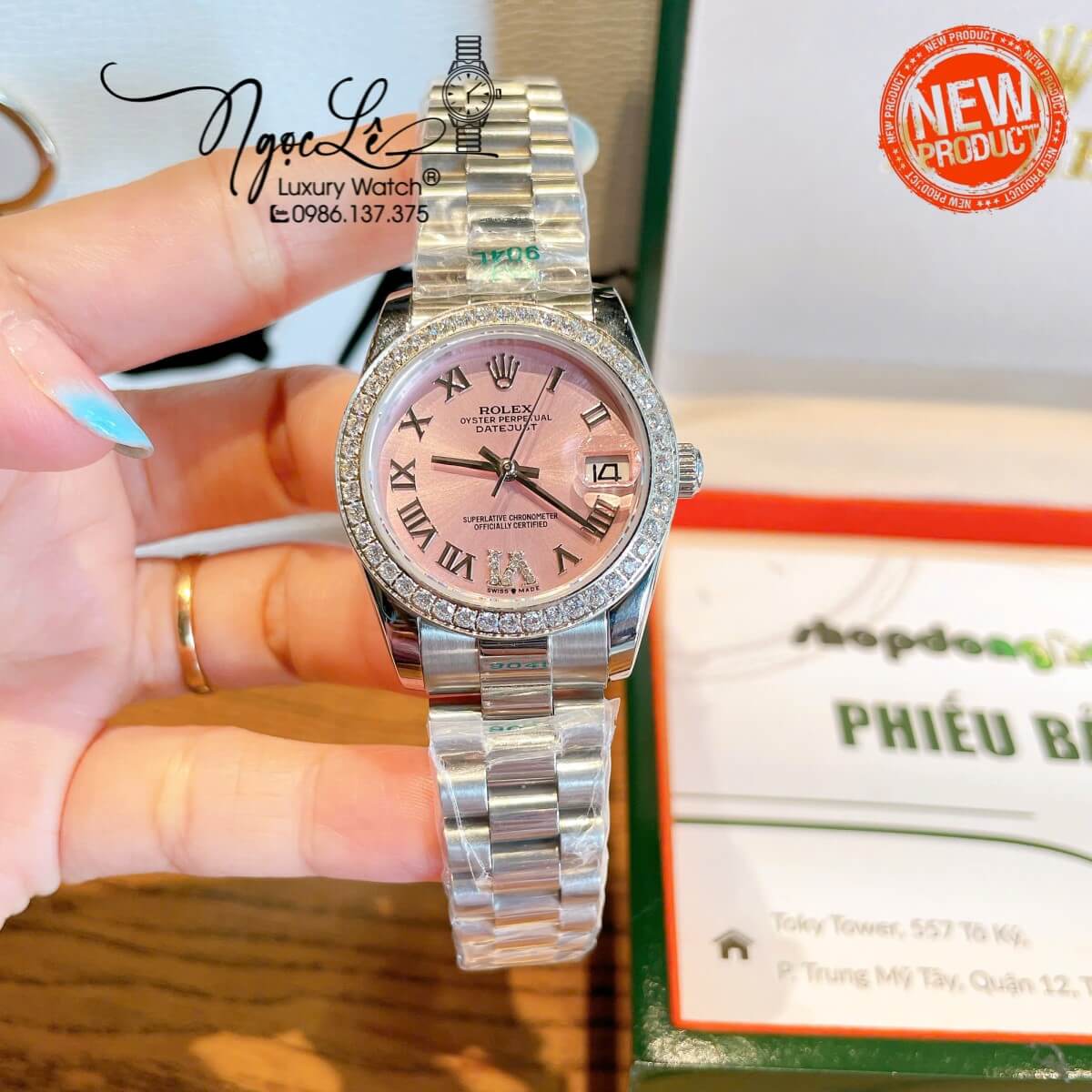 Đồng Hồ Nữ Rolex Datejust Tự Động Dây Bạc Mặt Hồng Nhạt Đính Đá Size 31mm - Mặt Số La Mã