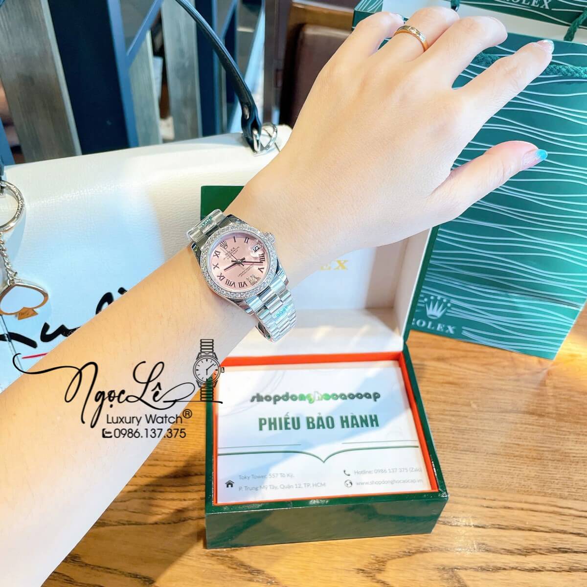 Đồng Hồ Nữ Rolex Datejust Tự Động Dây Bạc Mặt Hồng Nhạt Đính Đá Size 31mm - Mặt Số La Mã