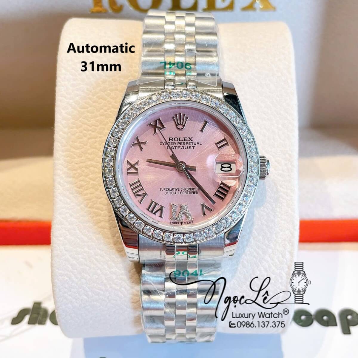 Đồng Hồ Nữ Rolex Datejust Tự Động Dây Bạc Mặt Hồng Nhạt Đính Đá Size 31mm - Mặt Số La Mã - Dây Jubilee
