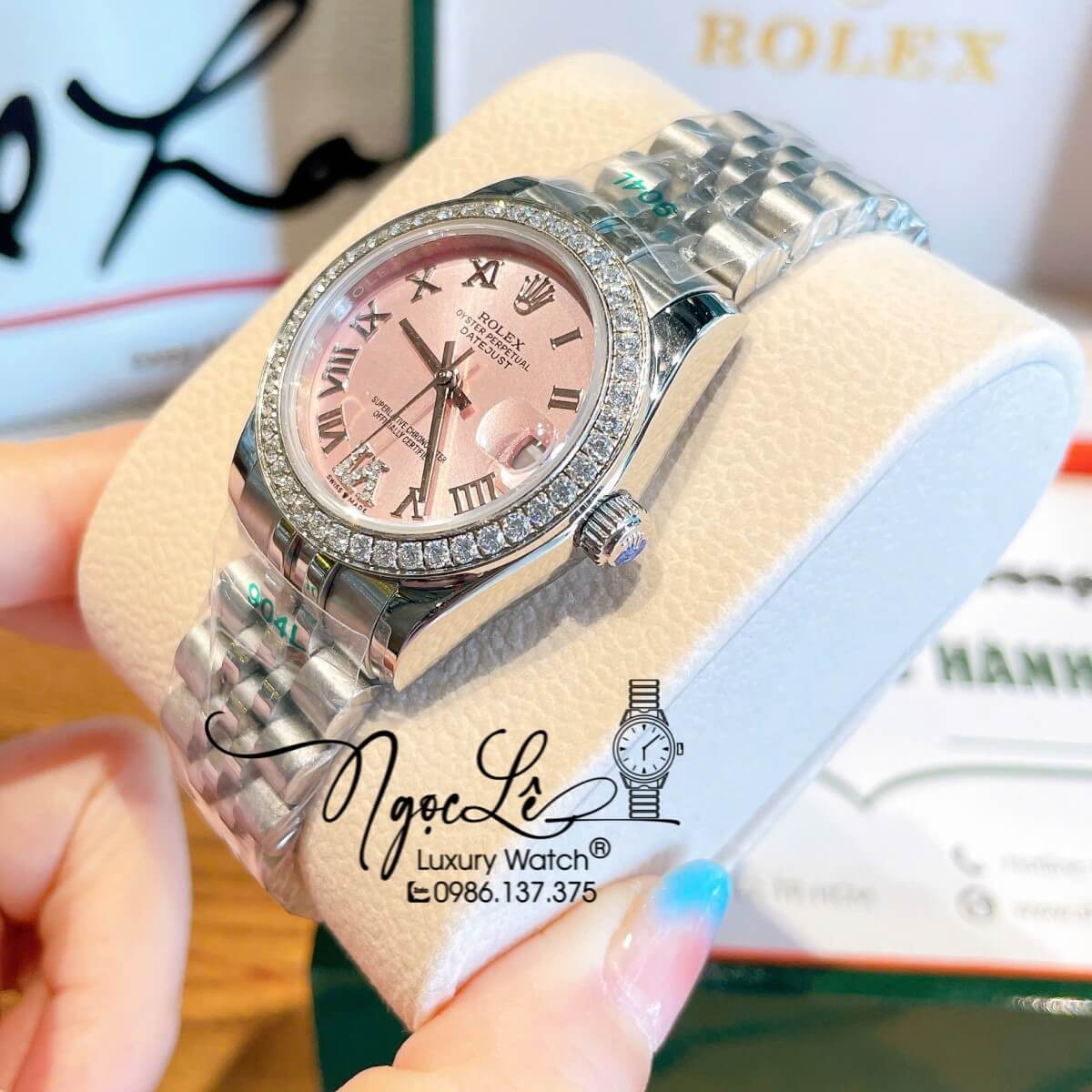 Đồng Hồ Nữ Rolex Datejust Tự Động Dây Bạc Mặt Hồng Nhạt Đính Đá Size 31mm - Mặt Số La Mã - Dây Jubilee