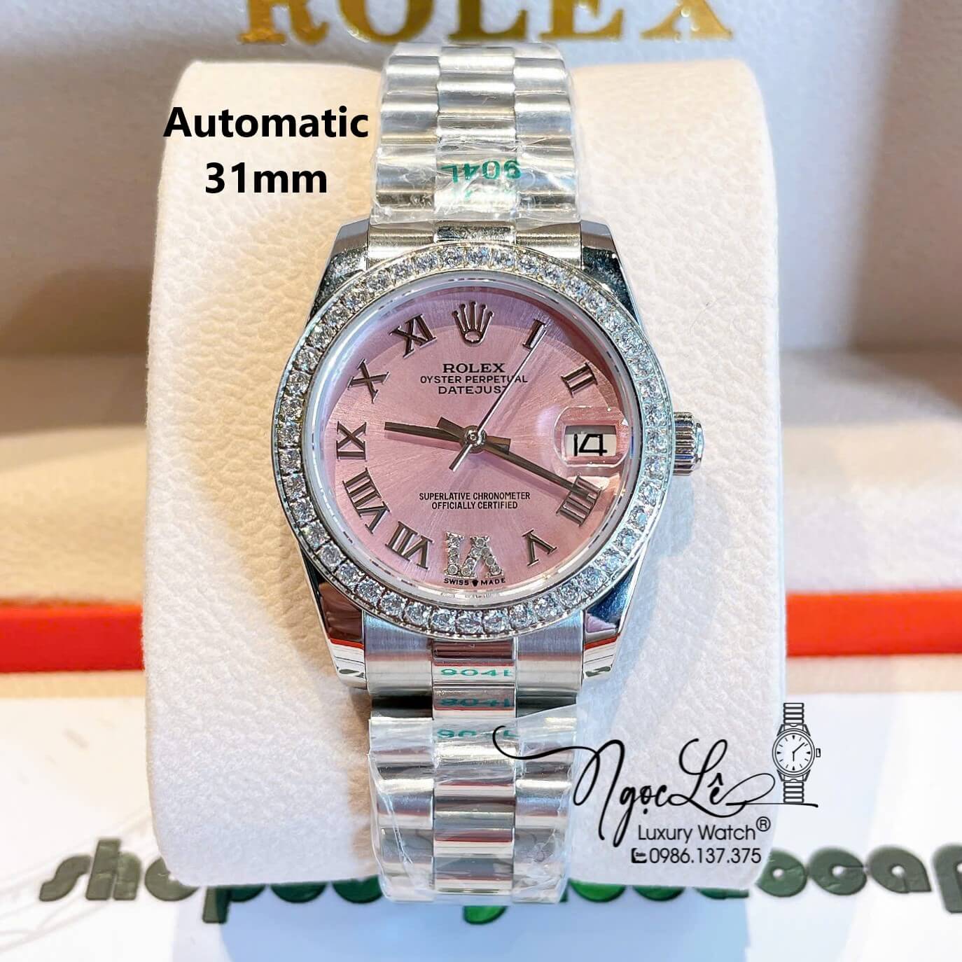 Đồng Hồ Nữ Rolex Datejust Tự Động Dây Bạc Mặt Hồng Nhạt Đính Đá Size 31mm - Mặt Số La Mã