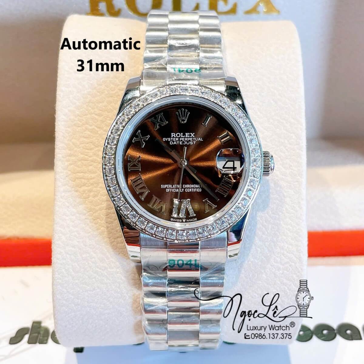 Đồng Hồ Nữ Rolex Datejust Tự Động Dây Bạc Mặt Nâu Đính Đá Size 31mm - Mặt Số La Mã