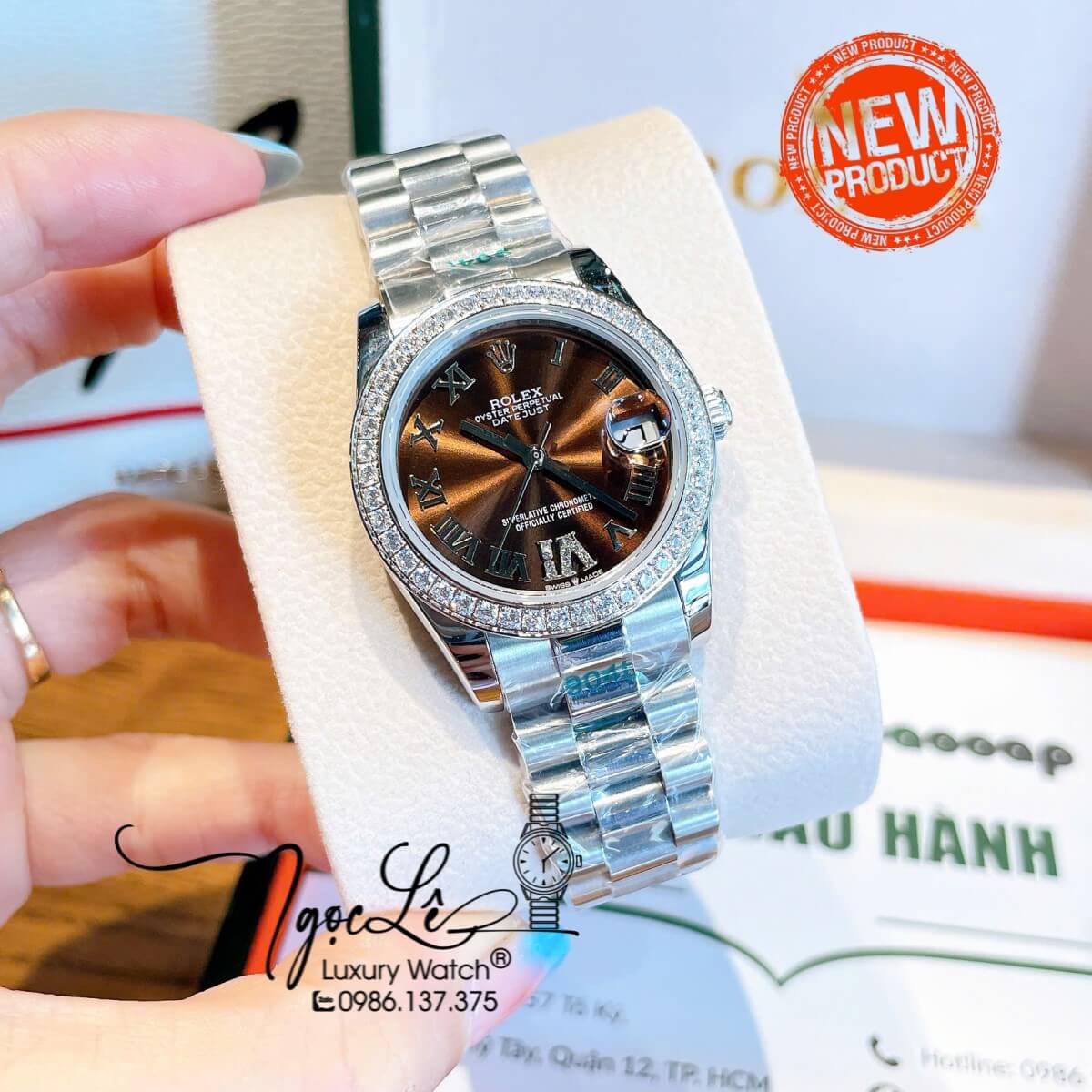 Đồng Hồ Nữ Rolex Datejust Tự Động Dây Bạc Mặt Nâu Đính Đá Size 31mm - Mặt Số La Mã