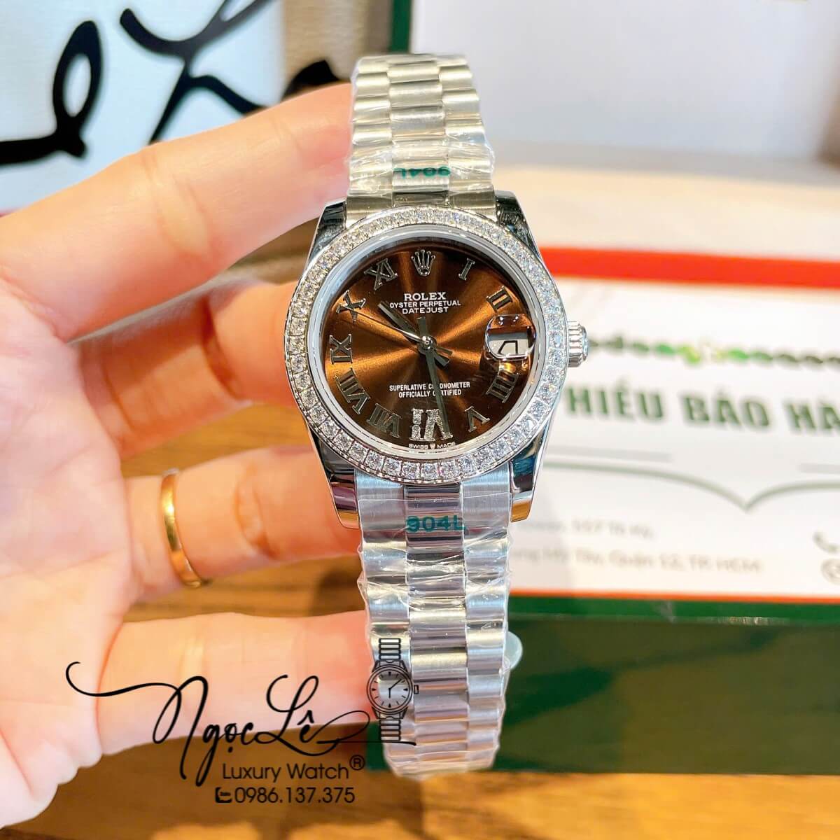 Đồng Hồ Nữ Rolex Datejust Tự Động Dây Bạc Mặt Nâu Đính Đá Size 31mm - Mặt Số La Mã