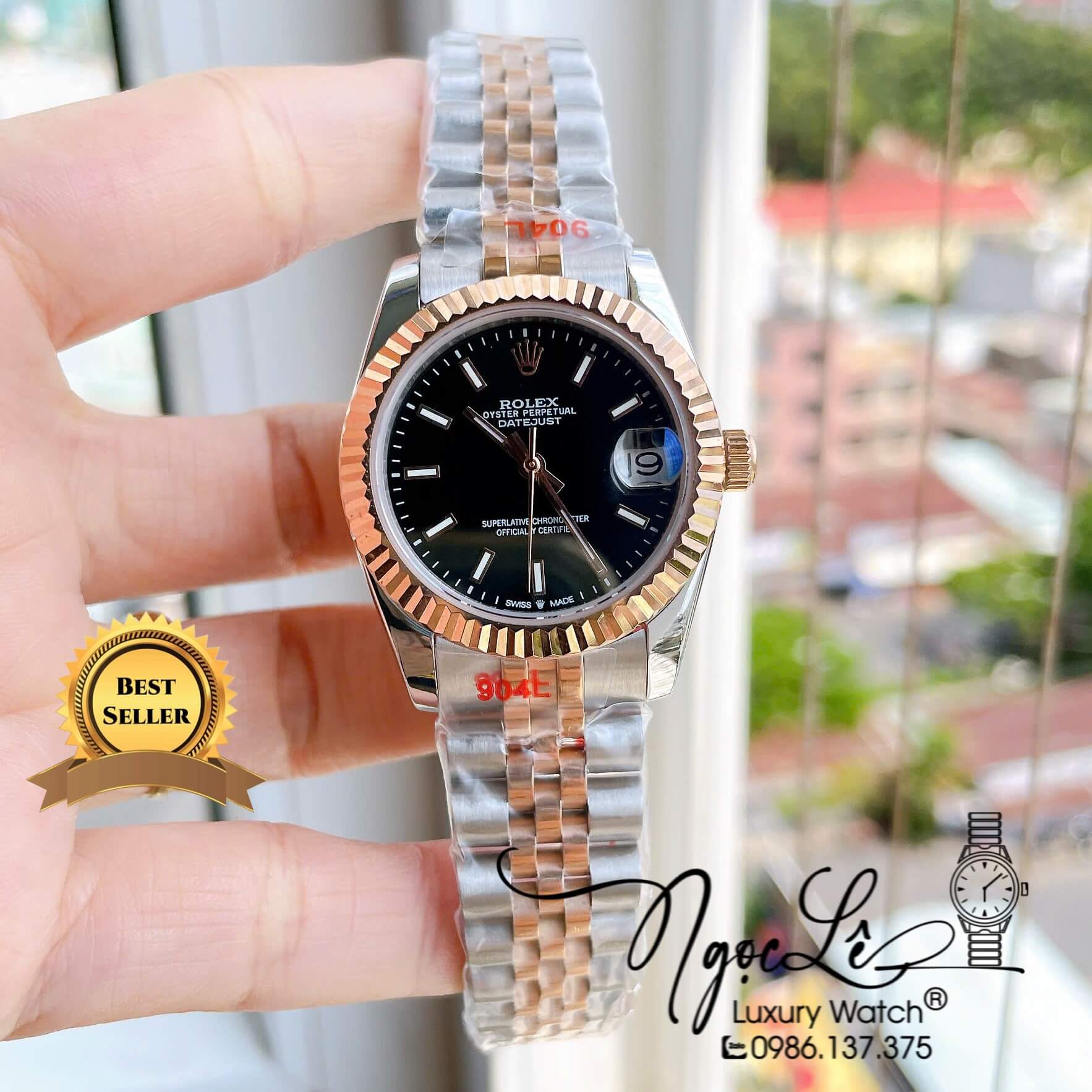 Đồng Hồ Nữ Rolex Datejust Tự Động Dây Kim Loại Demi Rose Gold Mặt Đen Khía Size 31mm - Vạch Phản Quang