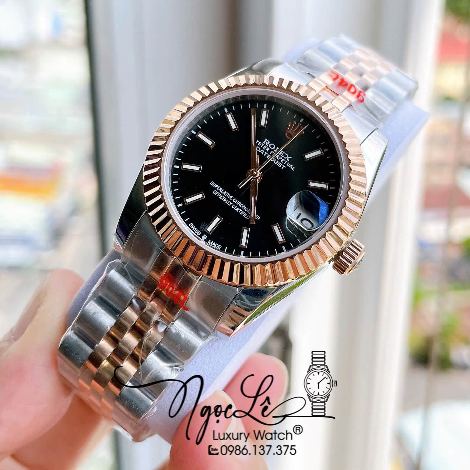 Đồng Hồ Nữ Rolex Datejust Tự Động Dây Kim Loại Demi Rose Gold Mặt Đen Khía Size 31mm - Vạch Phản Quang