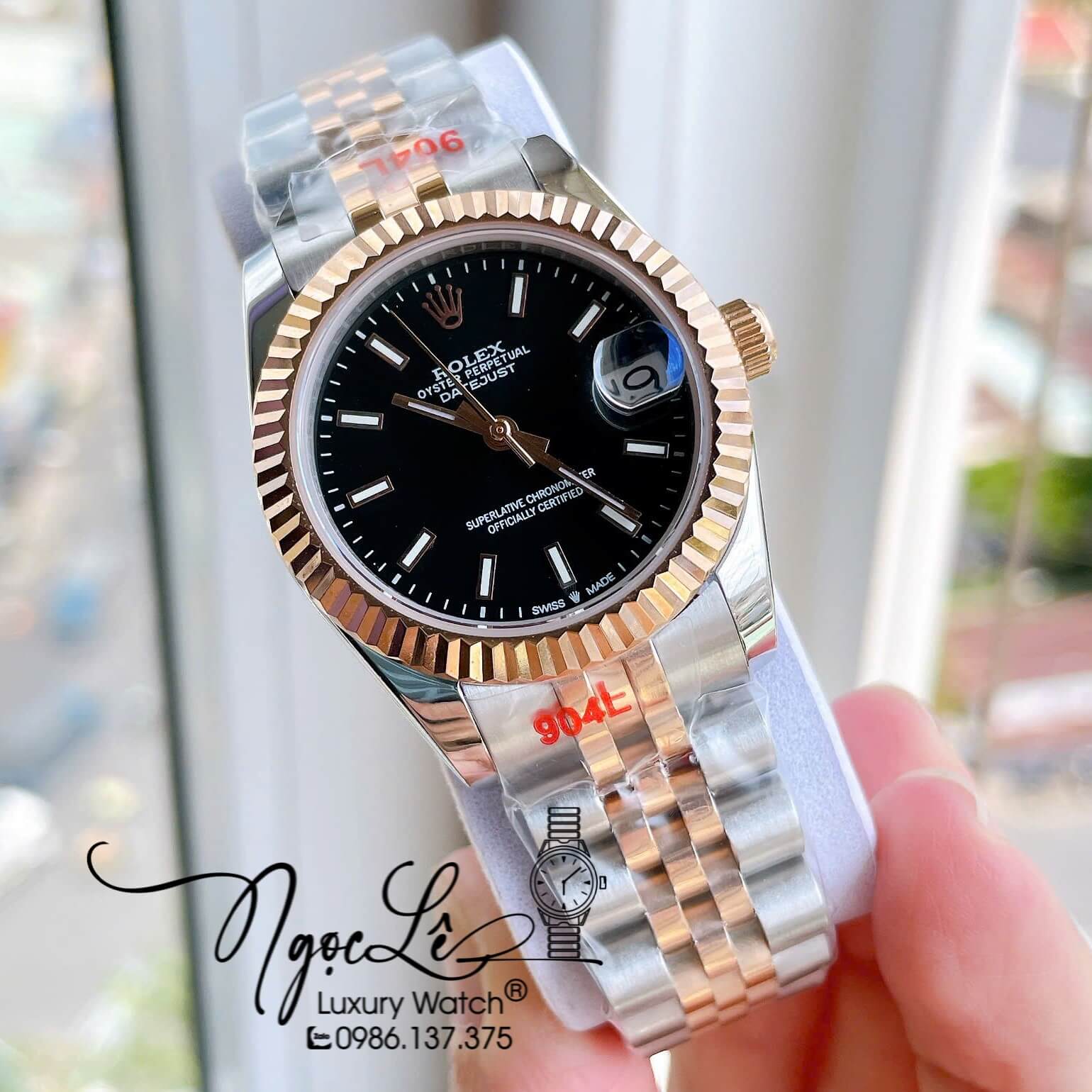 Đồng Hồ Nữ Rolex Datejust Tự Động Dây Kim Loại Demi Rose Gold Mặt Đen Khía Size 31mm - Vạch Phản Quang