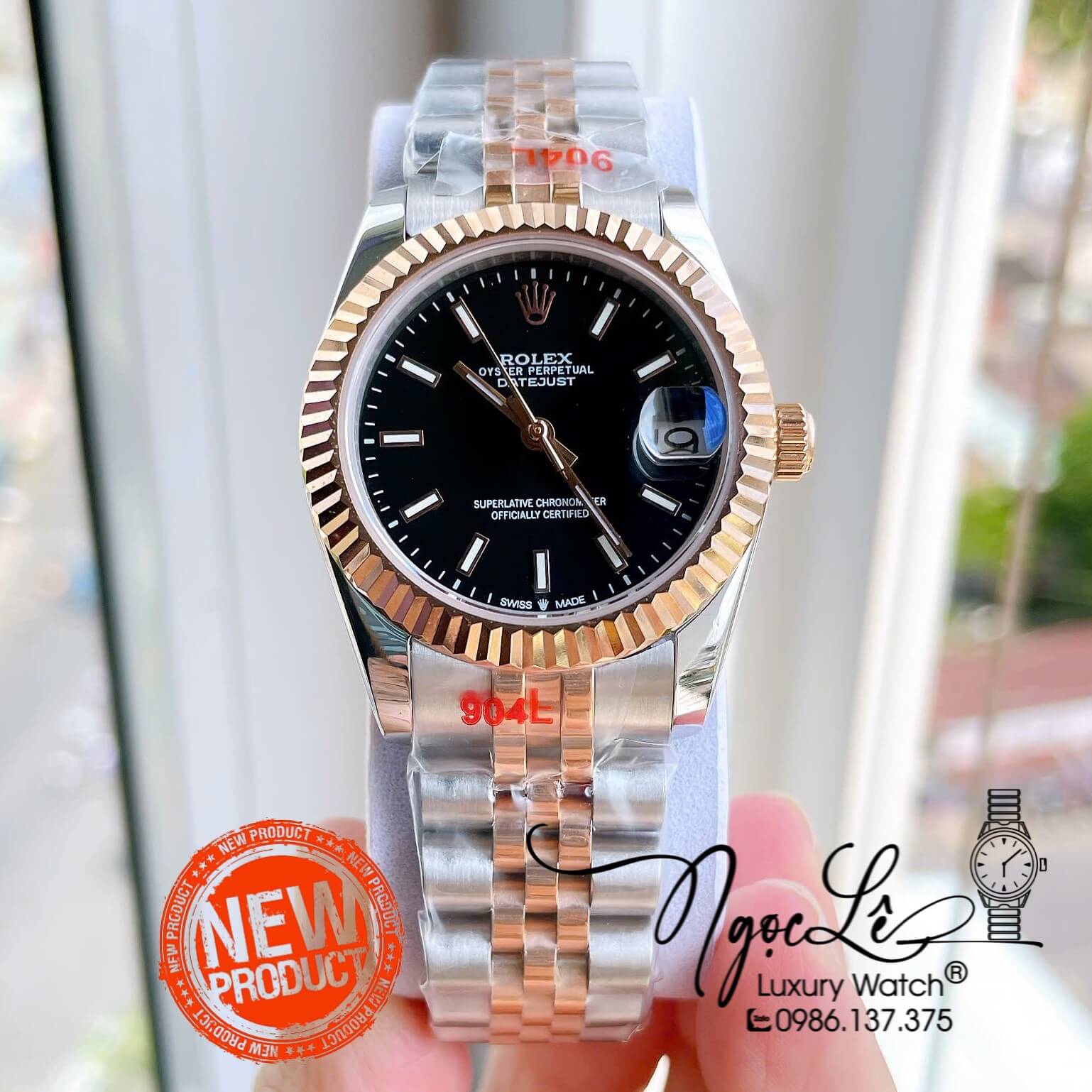 Đồng Hồ Nữ Rolex Datejust Tự Động Dây Kim Loại Demi Rose Gold Mặt Đen Khía Size 31mm - Vạch Phản Quang
