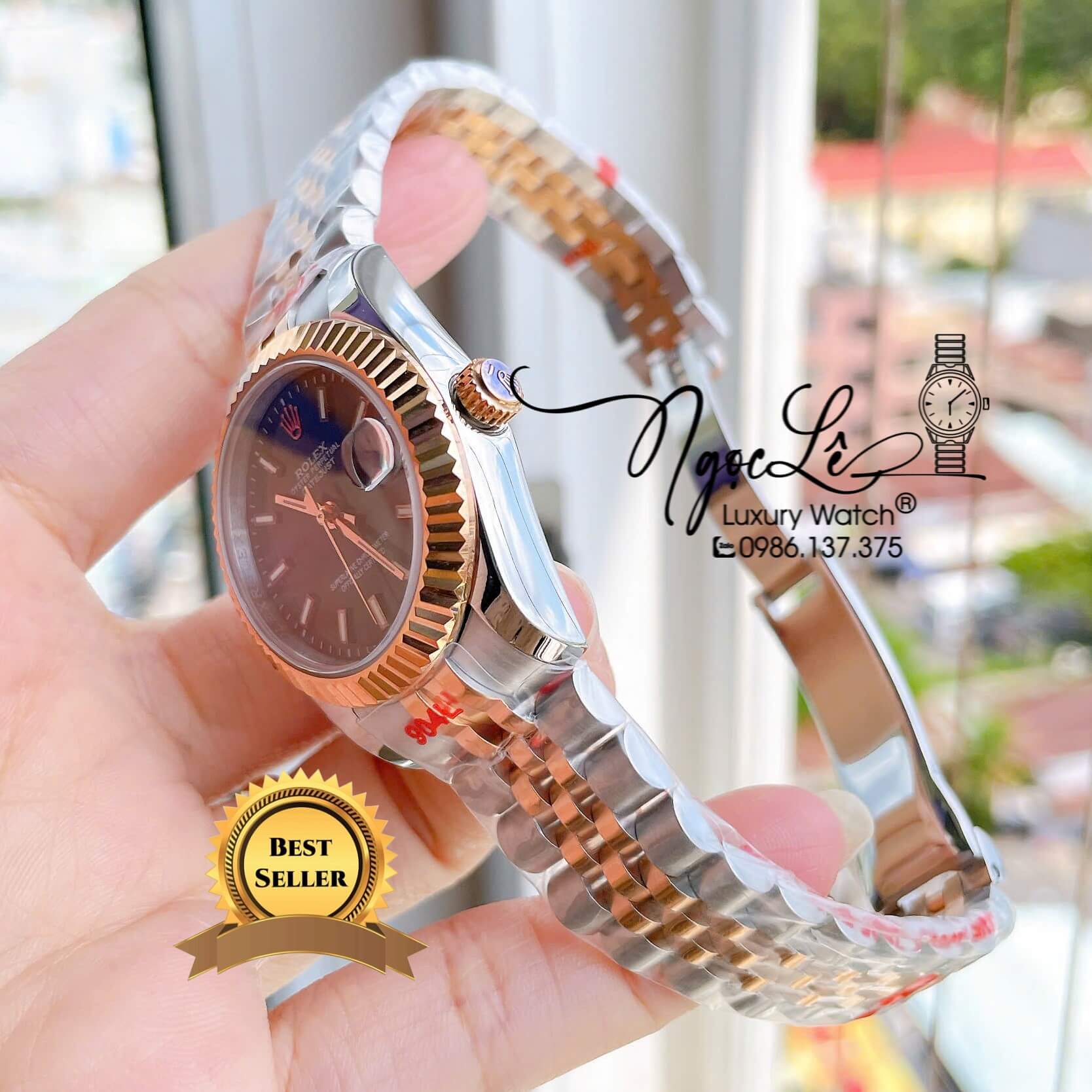 Đồng Hồ Nữ Rolex Datejust Tự Động Dây Kim Loại Demi Rose Gold Mặt Đen Khía Size 31mm - Vạch Phản Quang