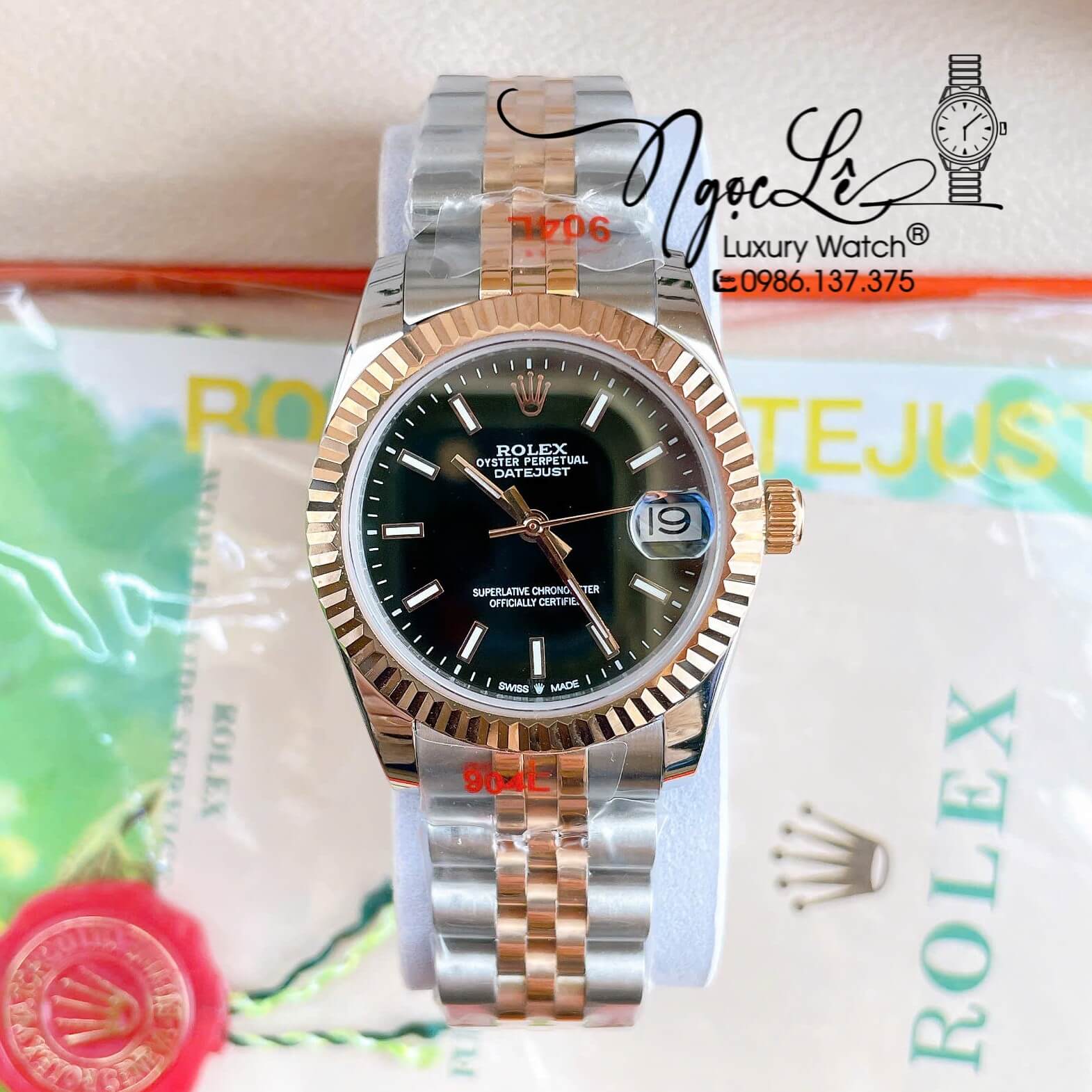 Đồng Hồ Nữ Rolex Datejust Tự Động Dây Kim Loại Demi Rose Gold Mặt Đen Khía Size 31mm - Vạch Phản Quang