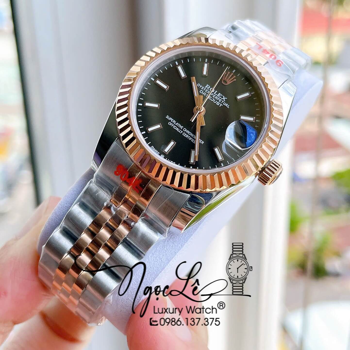 Đồng Hồ Nữ Rolex Datejust Tự Động Dây Kim Loại Demi Rose Gold Mặt Đen Khía Size 31mm - Vạch Phản Quang