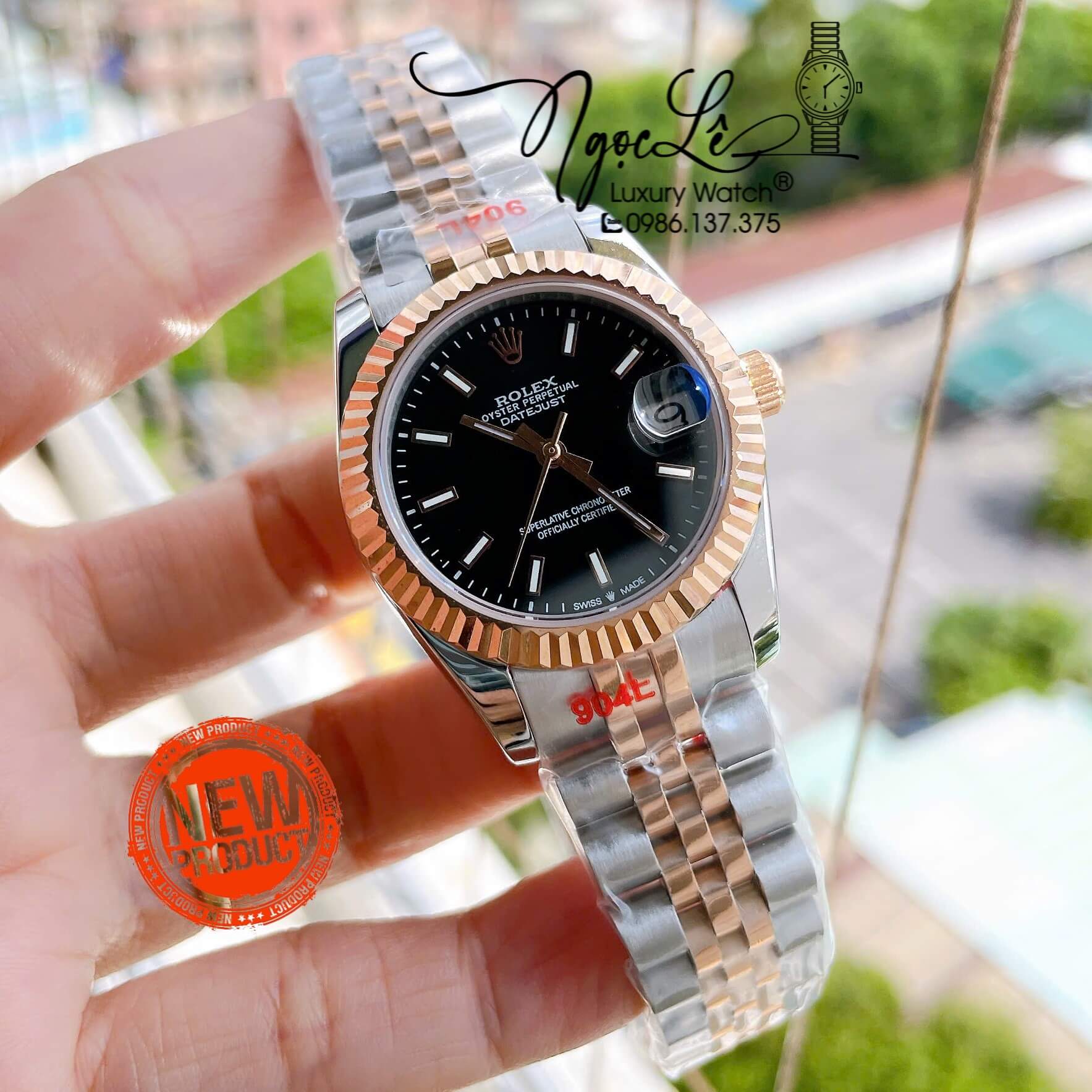 Đồng Hồ Nữ Rolex Datejust Tự Động Dây Kim Loại Demi Rose Gold Mặt Đen Khía Size 31mm - Vạch Phản Quang