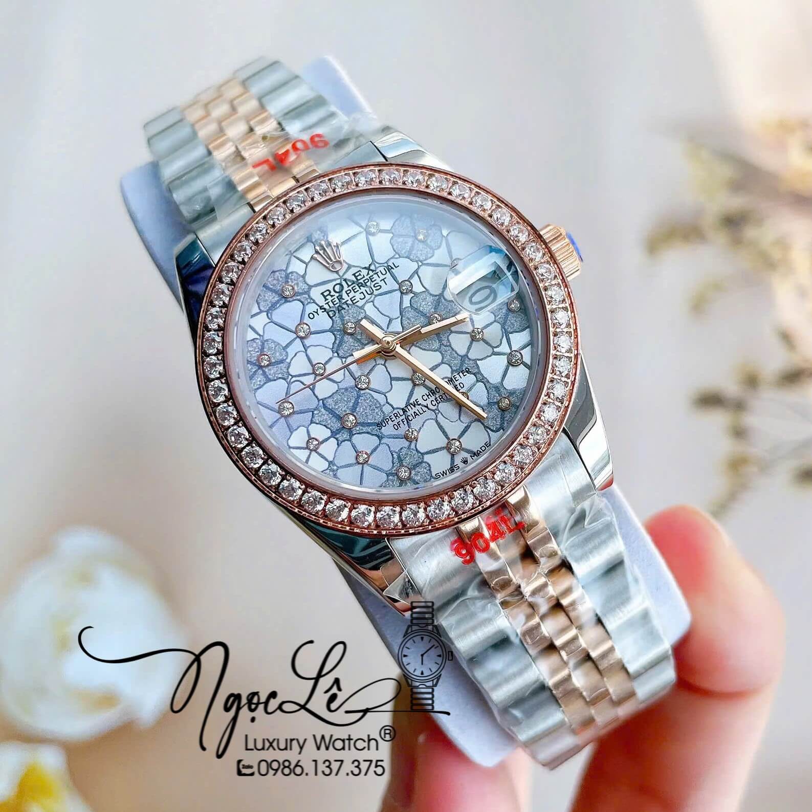 Đồng Hồ Nữ Rolex Datejust Tự Động Dây Kim Loại Demi Rose Gold Mặt Hoa Đồng Tiền Đính Đá Size 31mm