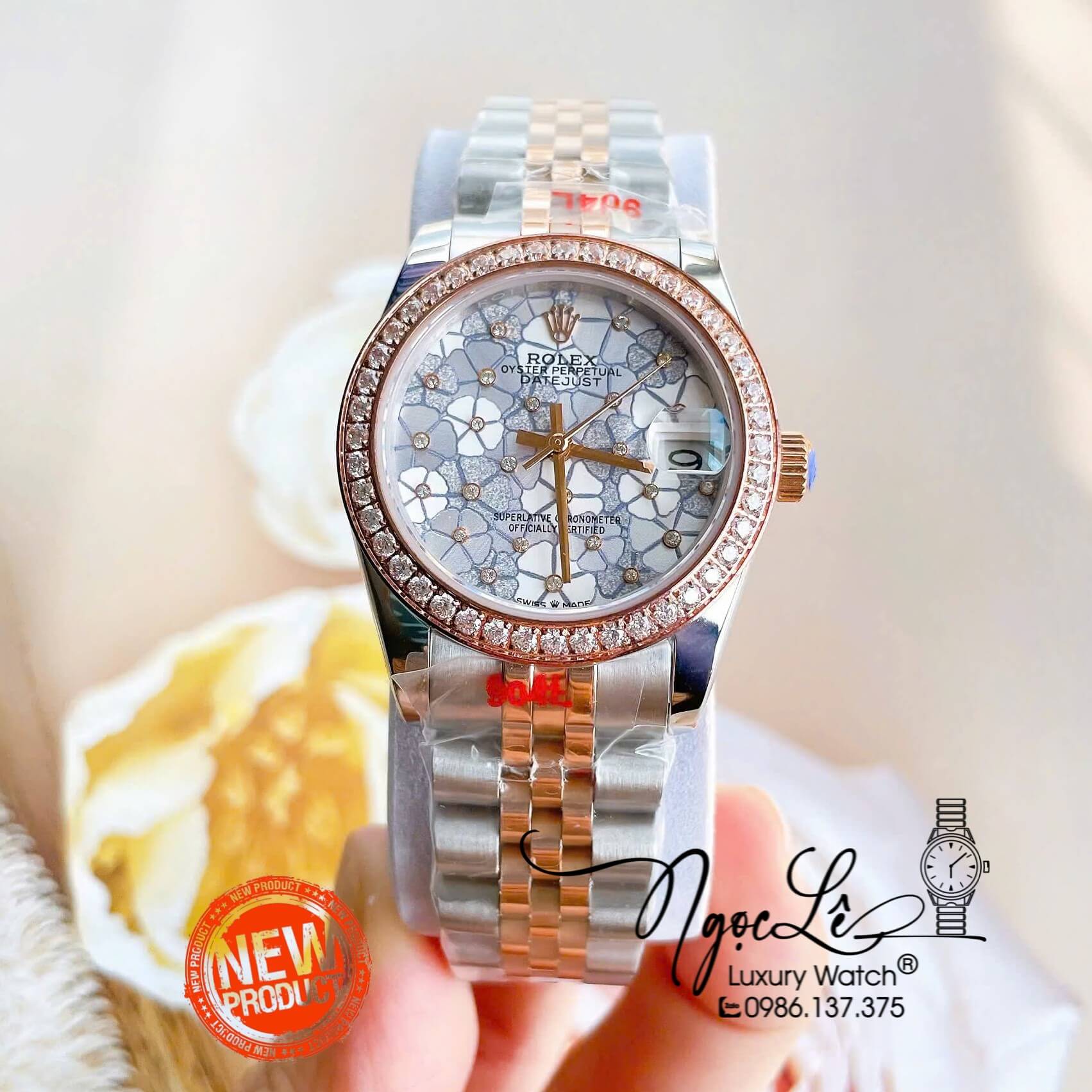 Đồng Hồ Nữ Rolex Datejust Tự Động Dây Kim Loại Demi Rose Gold Mặt Hoa Đồng Tiền Đính Đá Size 31mm
