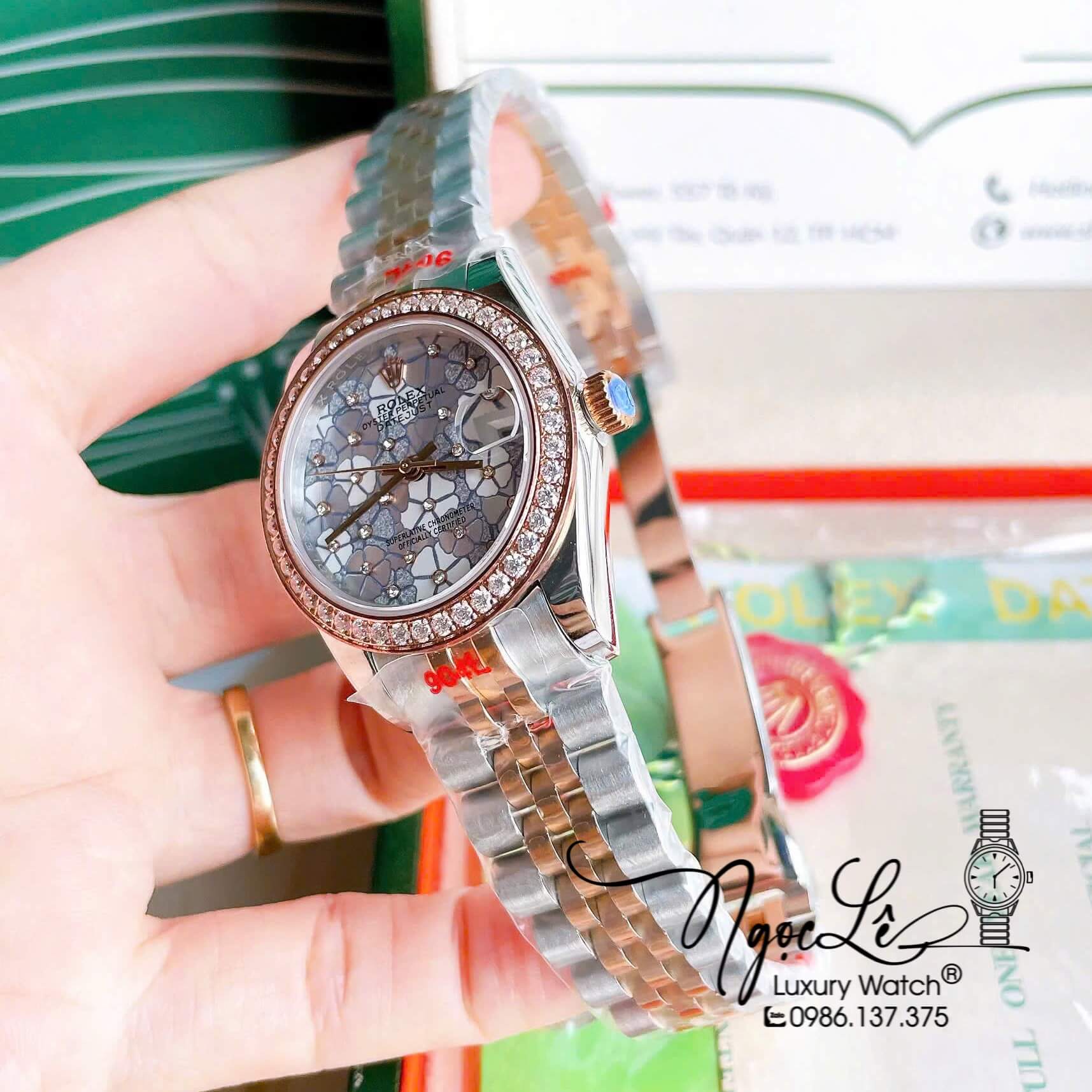 Đồng Hồ Nữ Rolex Datejust Tự Động Dây Kim Loại Demi Rose Gold Mặt Hoa Đồng Tiền Đính Đá Size 31mm
