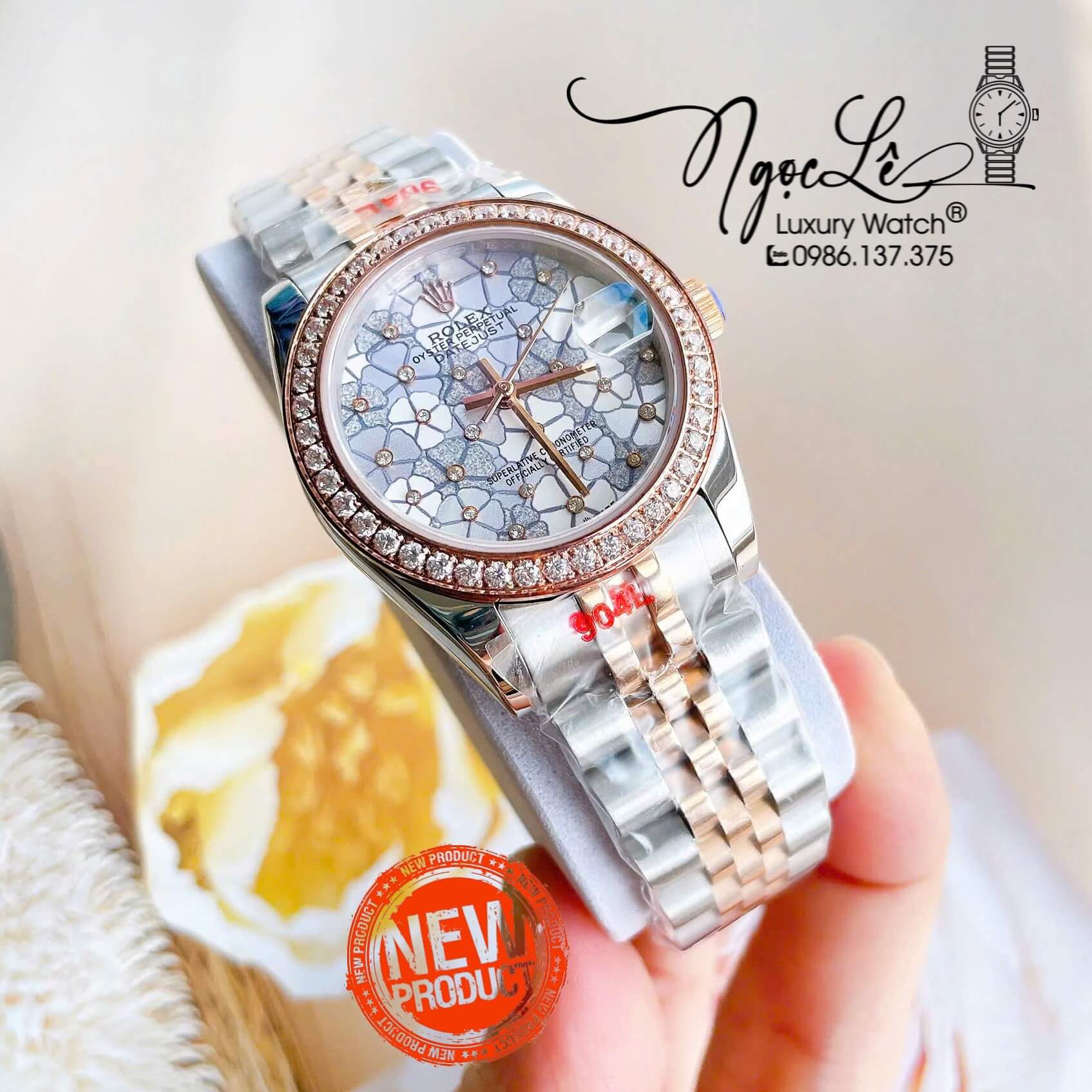 Đồng Hồ Nữ Rolex Datejust Tự Động Dây Kim Loại Demi Rose Gold Mặt Hoa Đồng Tiền Đính Đá Size 31mm