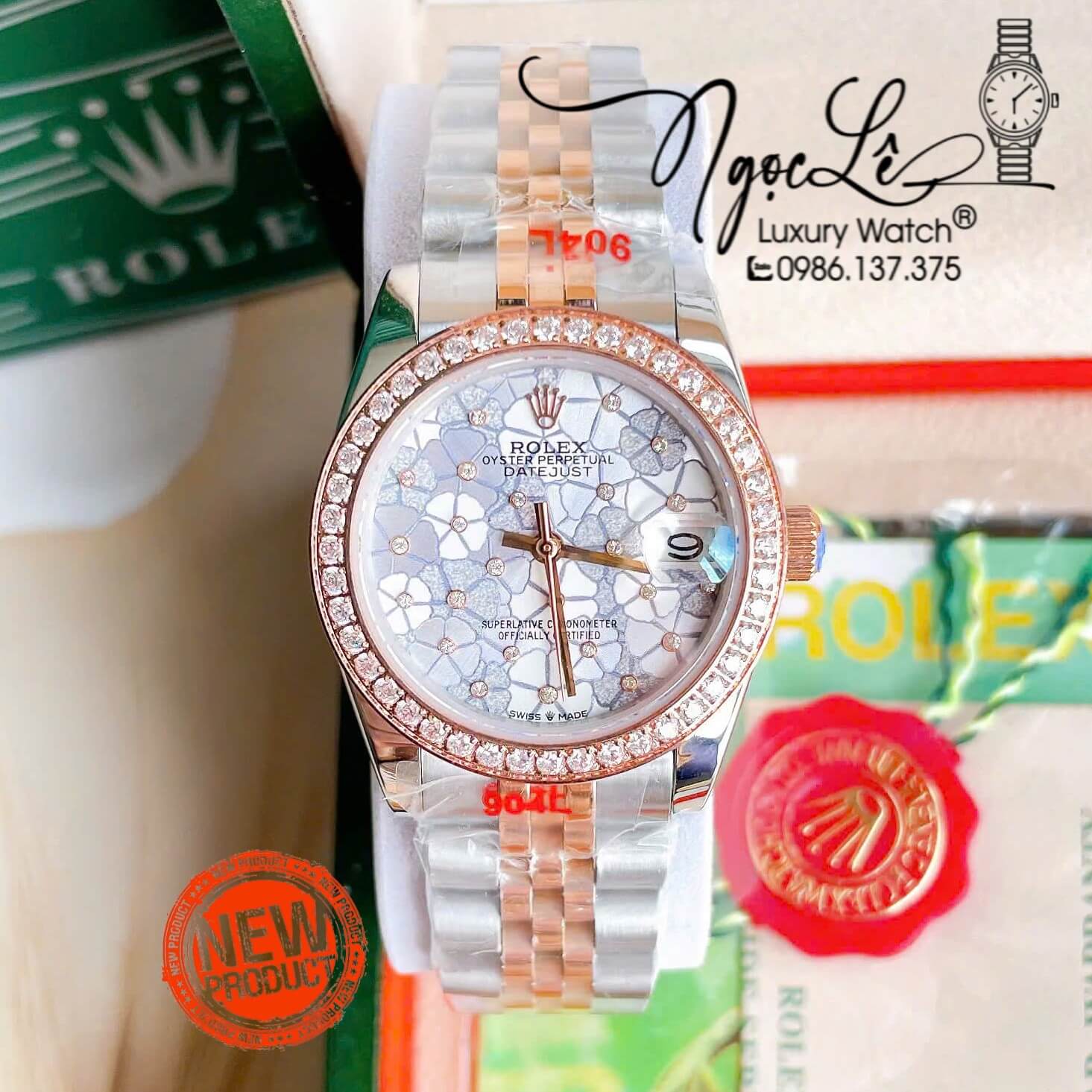Đồng Hồ Nữ Rolex Datejust Tự Động Dây Kim Loại Demi Rose Gold Mặt Hoa Đồng Tiền Đính Đá Size 31mm