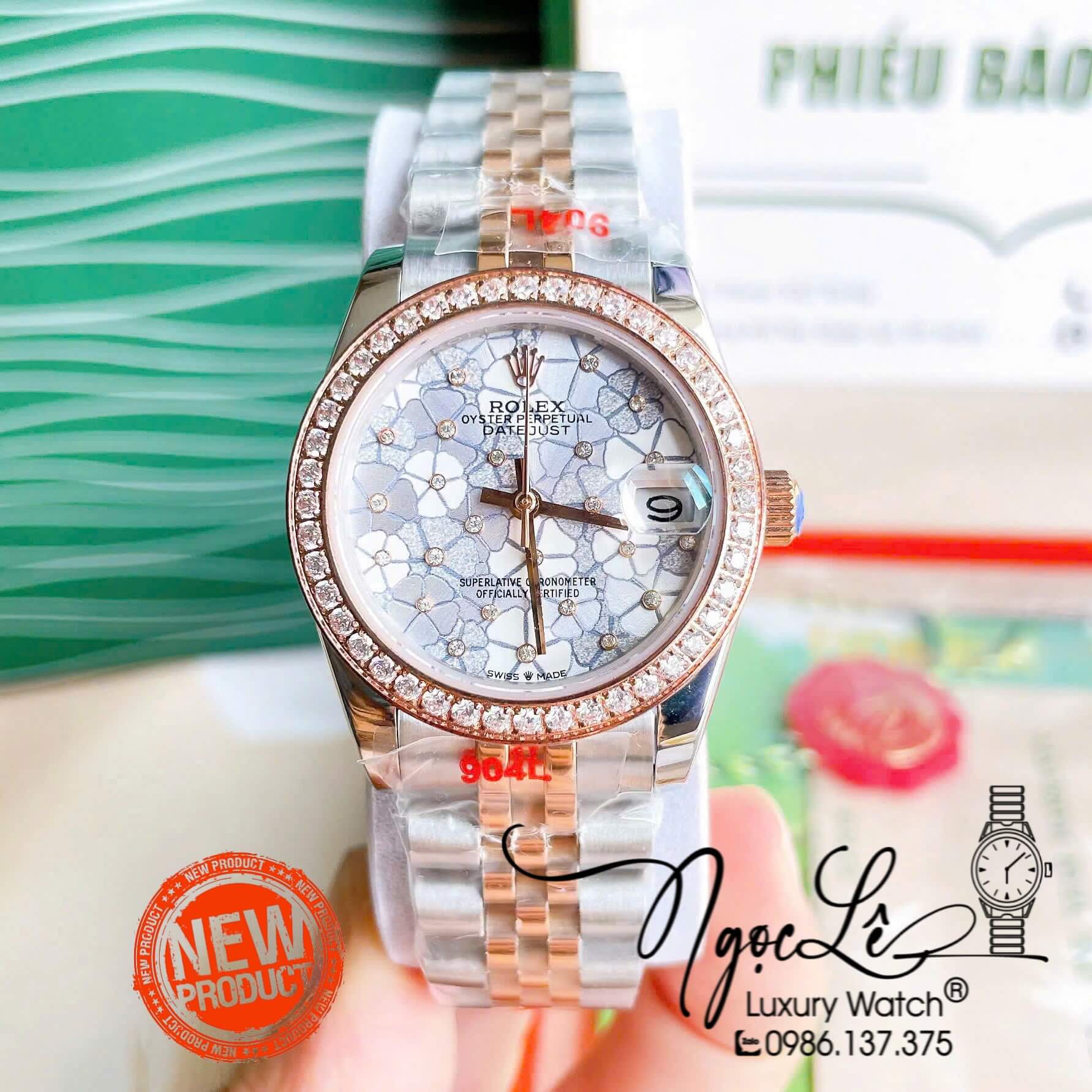 Đồng Hồ Nữ Rolex Datejust Tự Động Dây Kim Loại Demi Rose Gold Mặt Hoa Đồng Tiền Đính Đá Size 31mm