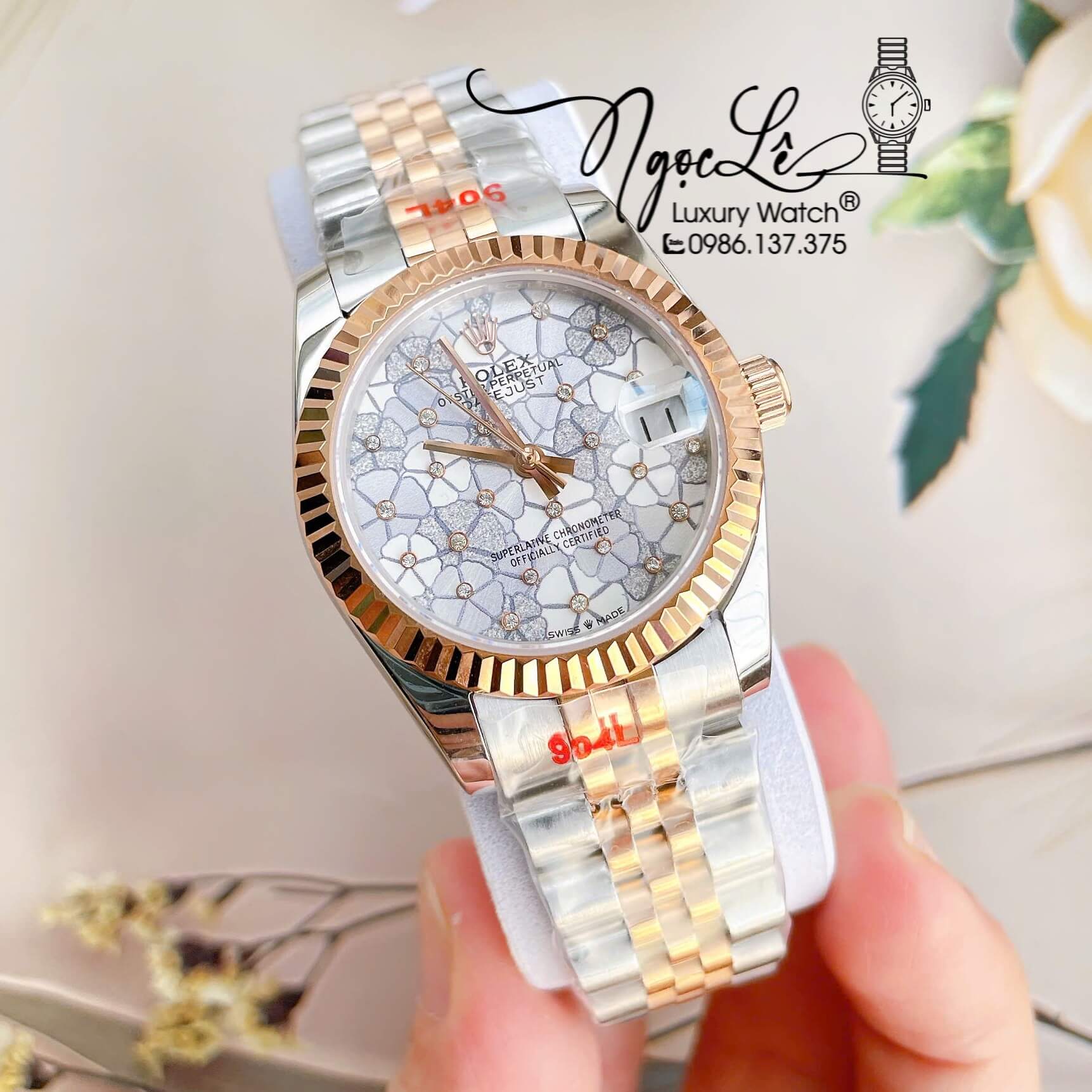 Đồng Hồ Nữ Rolex Datejust Tự Động Dây Kim Loại Demi Rose Gold Mặt Hoa Đồng Tiền Niềng Khía Size 31mm