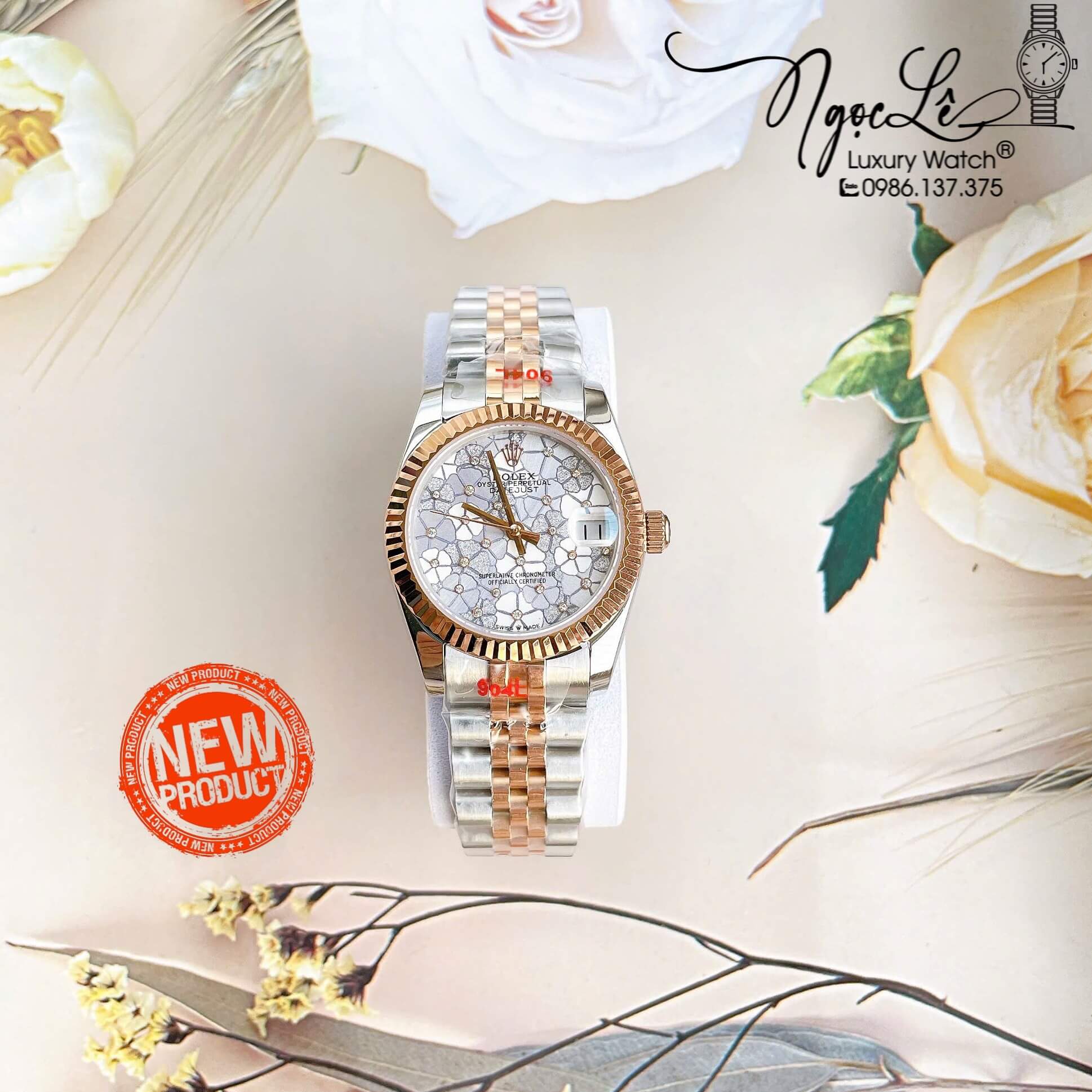 Đồng Hồ Nữ Rolex Datejust Tự Động Dây Kim Loại Demi Rose Gold Mặt Hoa Đồng Tiền Niềng Khía Size 31mm
