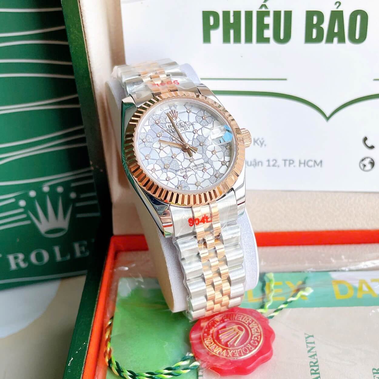 Đồng Hồ Nữ Rolex Datejust Tự Động Dây Kim Loại Demi Rose Gold Mặt Hoa Đồng Tiền Niềng Khía Size 31mm