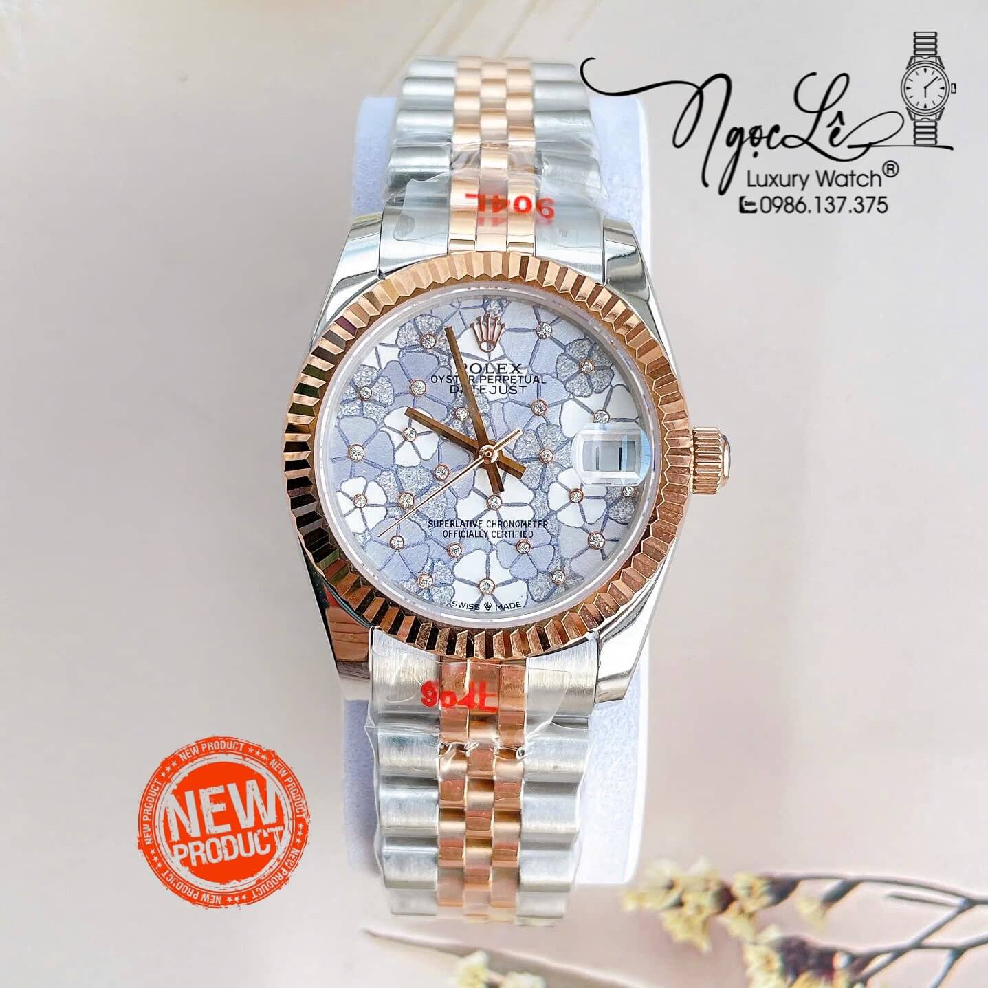Đồng Hồ Nữ Rolex Datejust Tự Động Dây Kim Loại Demi Rose Gold Mặt Hoa Đồng Tiền Niềng Khía Size 31mm
