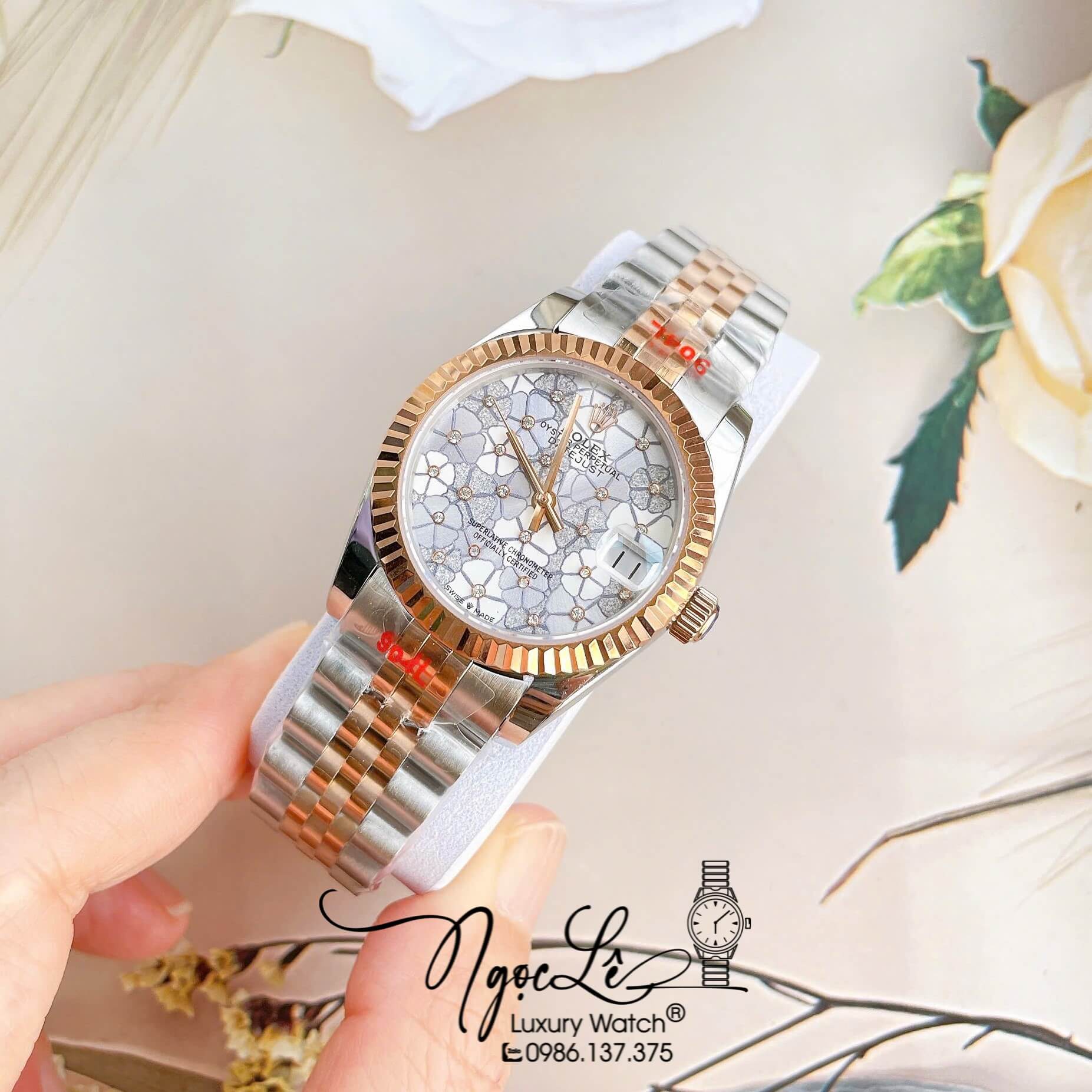 Đồng Hồ Nữ Rolex Datejust Tự Động Dây Kim Loại Demi Rose Gold Mặt Hoa Đồng Tiền Niềng Khía Size 31mm