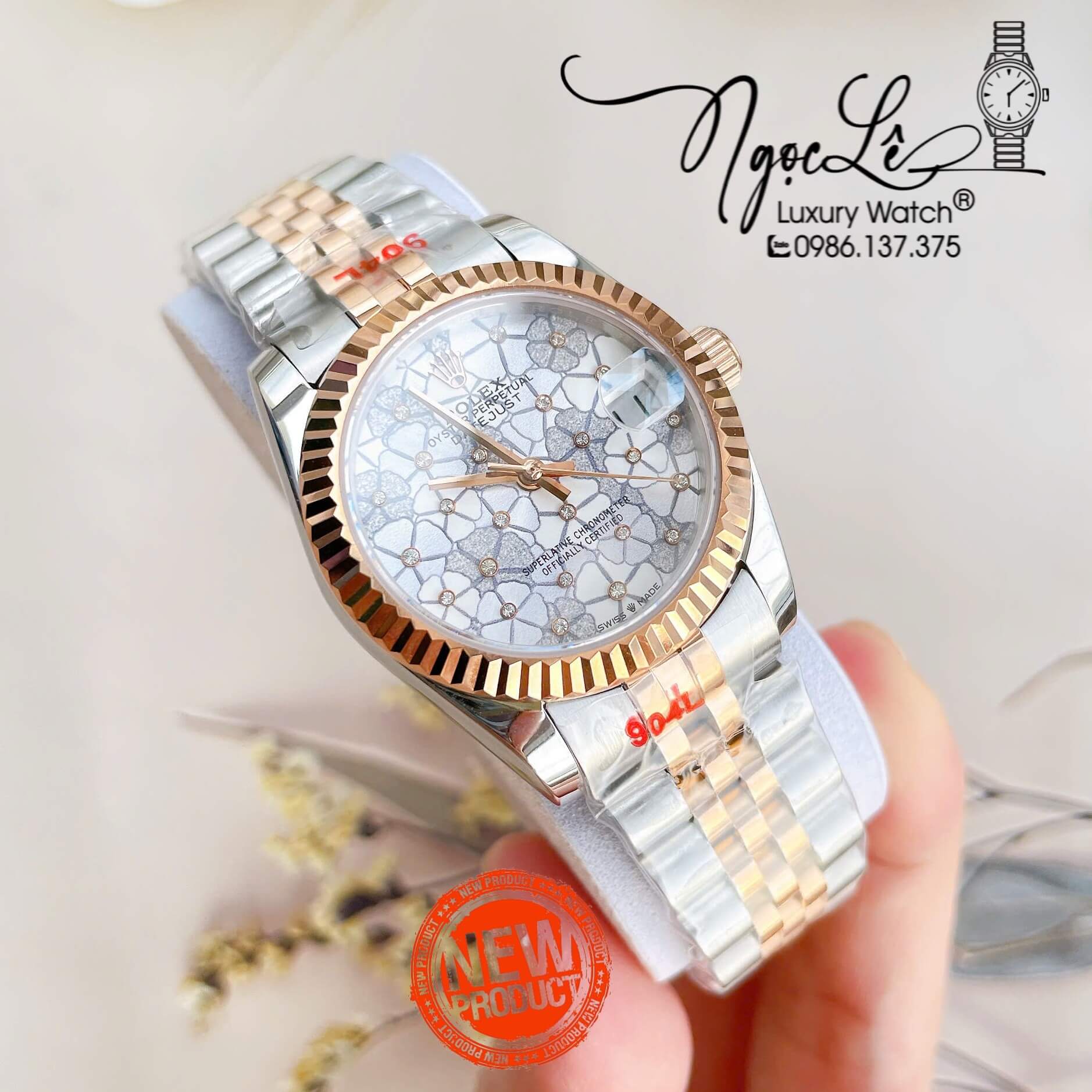 Đồng Hồ Nữ Rolex Datejust Tự Động Dây Kim Loại Demi Rose Gold Mặt Hoa Đồng Tiền Niềng Khía Size 31mm