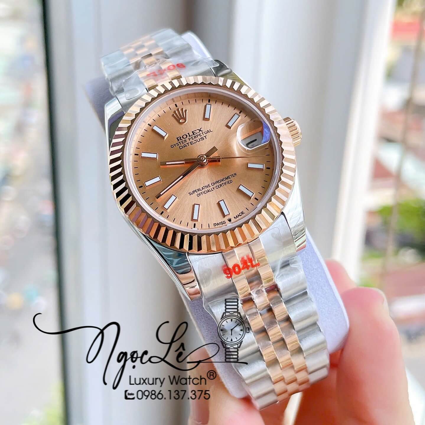 Đồng Hồ Nữ Rolex Datejust Tự Động Dây Kim Loại Demi Rose Gold Mặt Rose Niềng Khía Size 31mm - Vạch Phản Quang