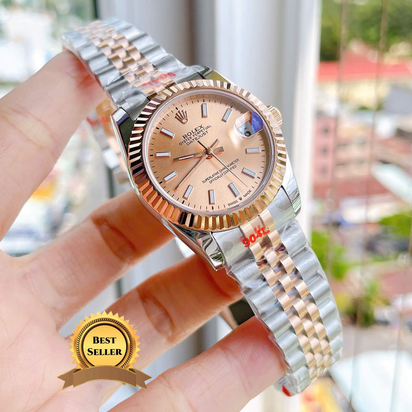 Đồng Hồ Nữ Rolex Datejust Tự Động Dây Kim Loại Demi Rose Gold Mặt Rose Niềng Khía Size 31mm - Vạch Phản Quang