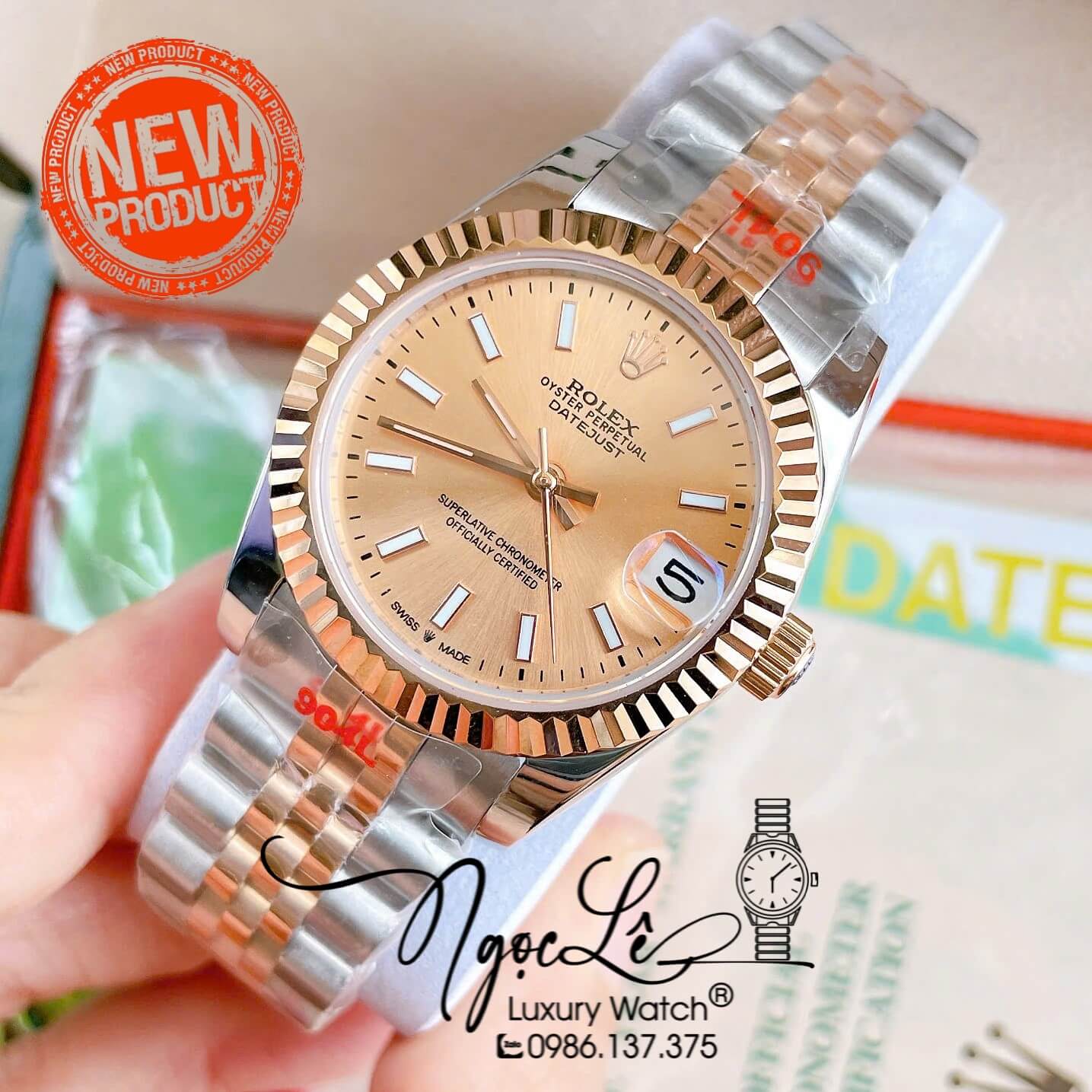 Đồng Hồ Nữ Rolex Datejust Tự Động Dây Kim Loại Demi Rose Gold Mặt Rose Niềng Khía Size 31mm - Vạch Phản Quang
