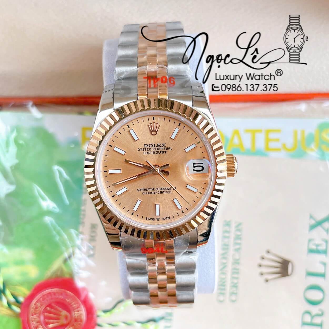 Đồng Hồ Nữ Rolex Datejust Tự Động Dây Kim Loại Demi Rose Gold Mặt Rose Niềng Khía Size 31mm - Vạch Phản Quang