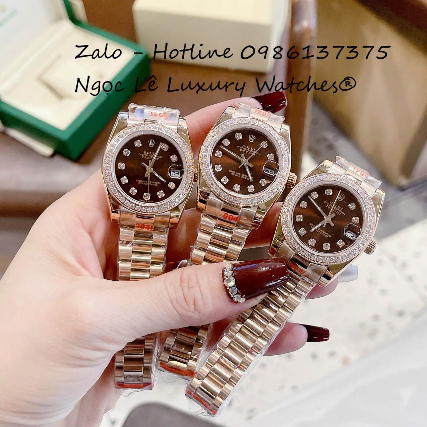 Đồng Hồ Nữ RoLex Datejust Vàng Hồng Mặt Nâu Viền Đá Máy Pin Size 31mm