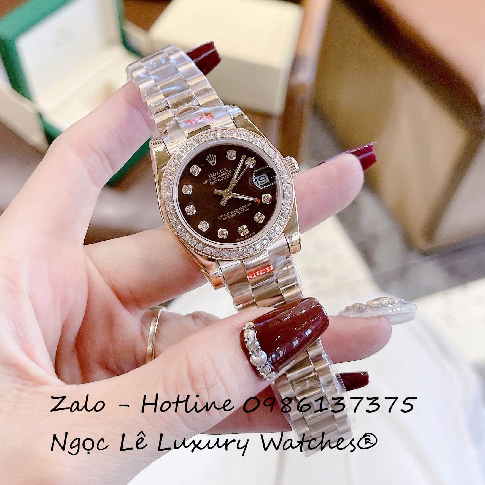 Đồng Hồ Nữ RoLex Datejust Vàng Hồng Mặt Nâu Viền Đá Máy Pin Size 31mm