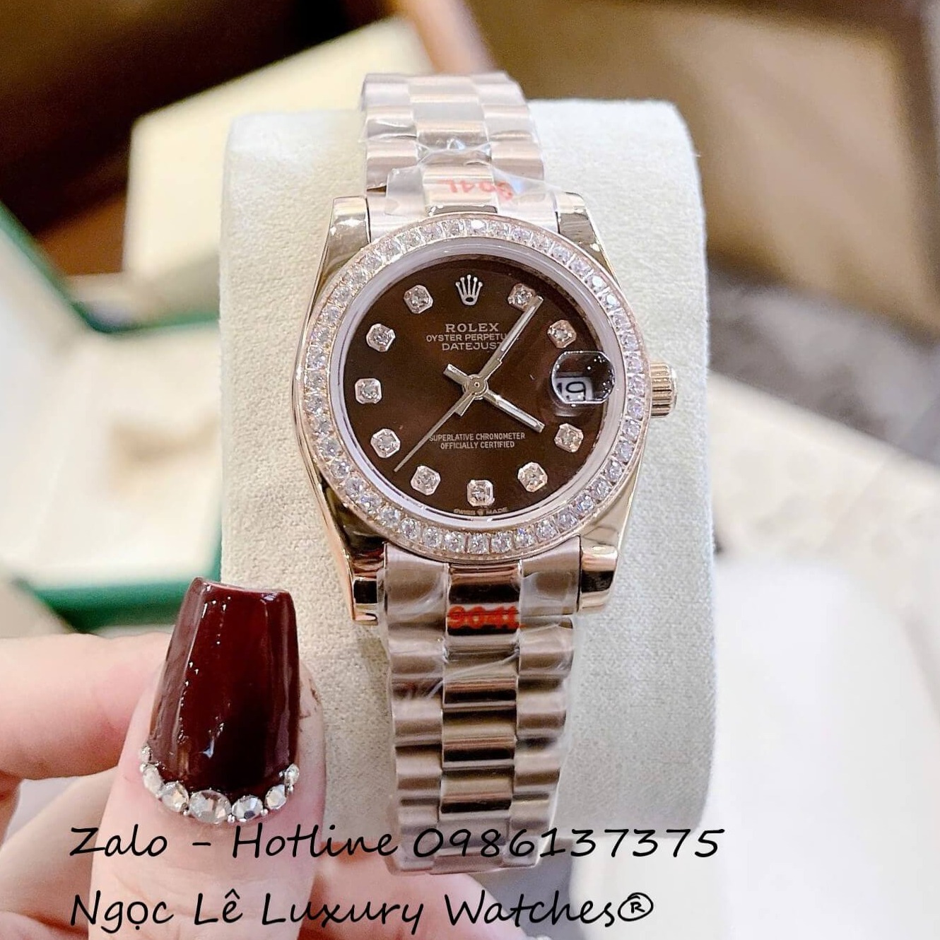 Đồng Hồ Nữ RoLex Datejust Vàng Hồng Mặt Nâu Viền Đá Máy Pin Size 31mm