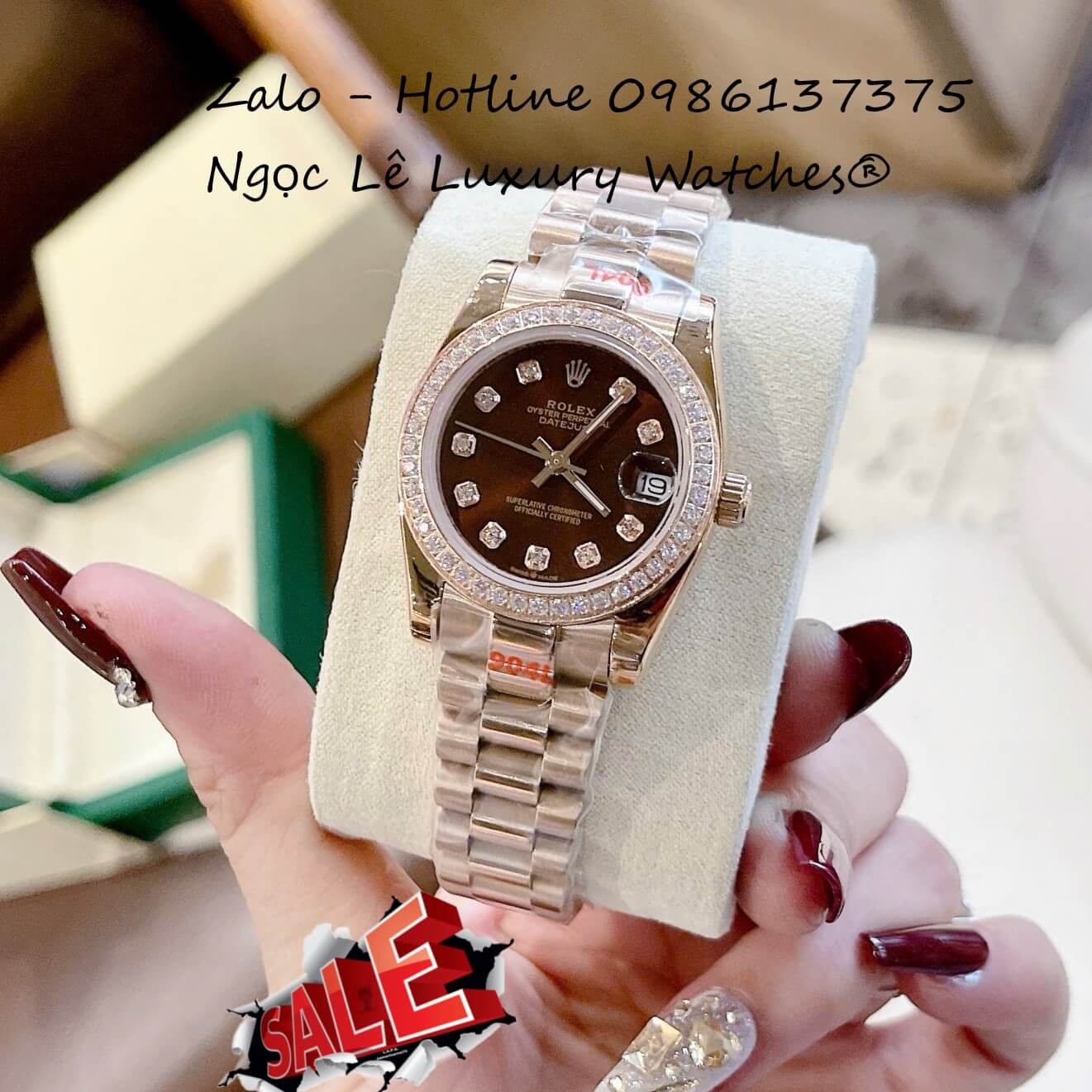 Đồng Hồ Nữ RoLex Datejust Vàng Hồng Mặt Nâu Viền Đá Máy Pin Size 31mm