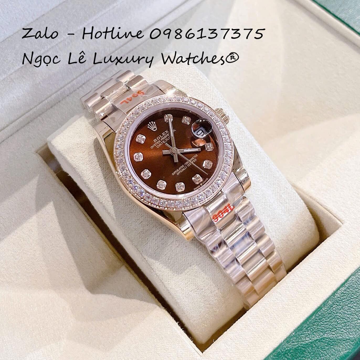 Đồng Hồ Nữ RoLex Datejust Vàng Hồng Mặt Nâu Viền Đá Máy Pin Size 31mm