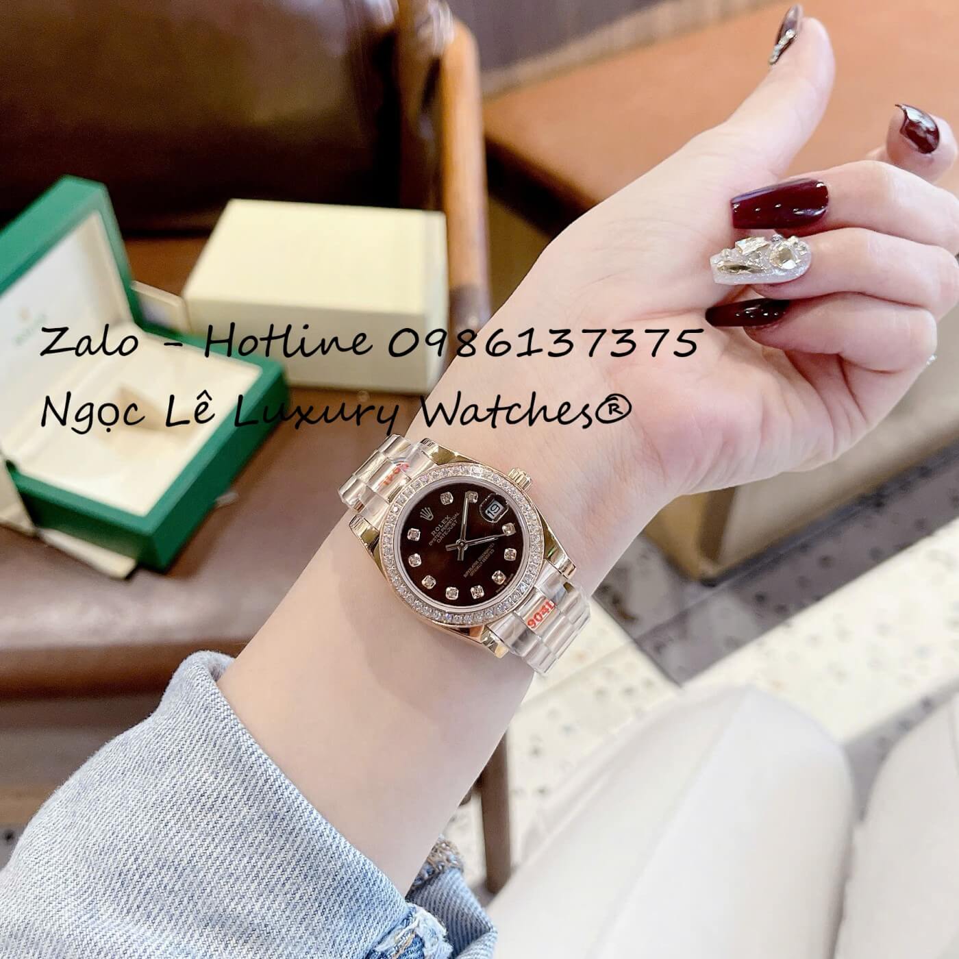 Đồng Hồ Nữ RoLex Datejust Vàng Hồng Mặt Nâu Viền Đá Máy Pin Size 31mm