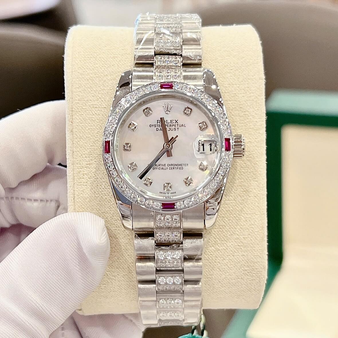 Đồng Hồ Nữ Rolex Datejust Viền Đá Mặt Trắng Dây Kim Loại Inox Đính Đá Máy Pin Size 31mm