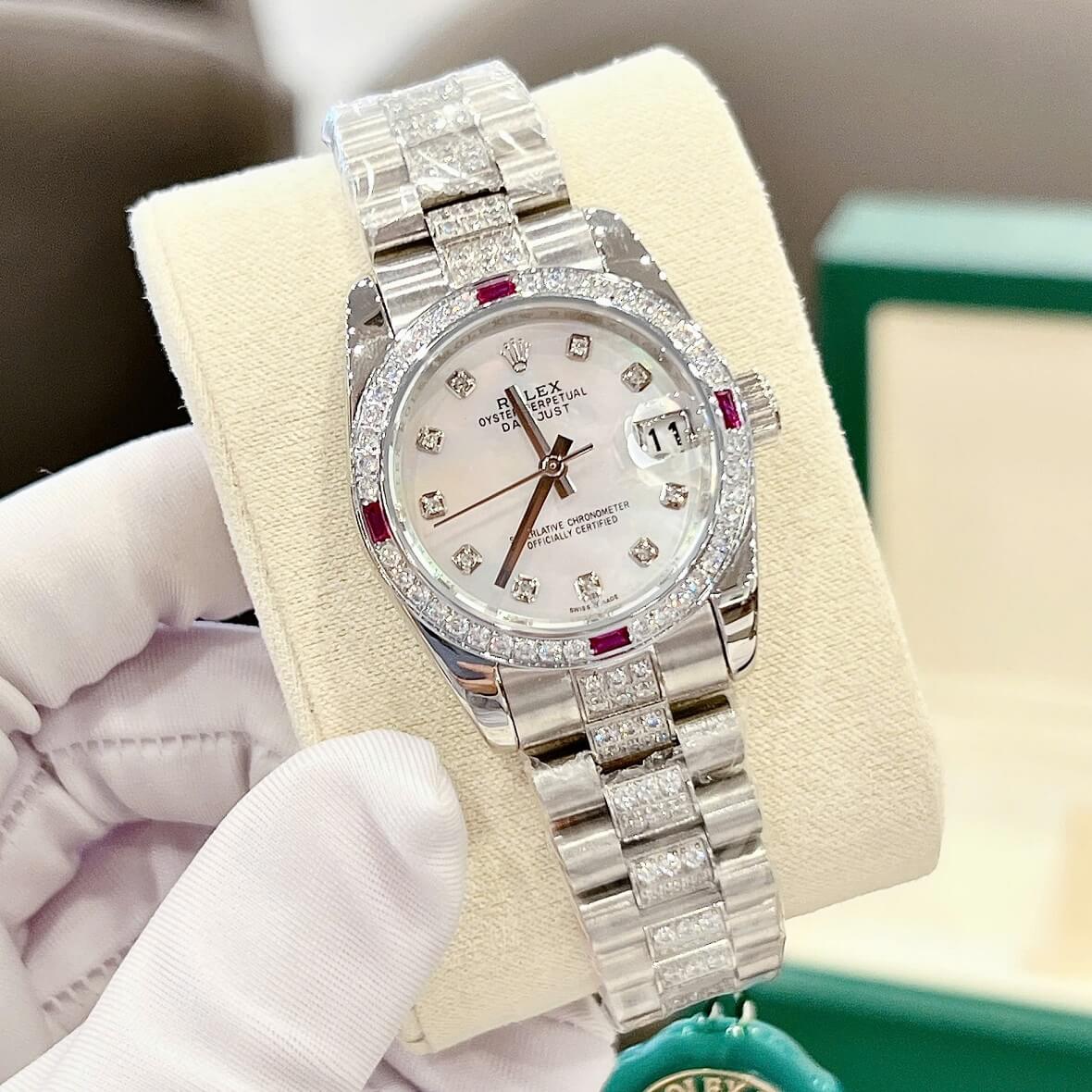 Đồng Hồ Nữ Rolex Datejust Viền Đá Mặt Trắng Dây Kim Loại Inox Đính Đá Máy Pin Size 31mm