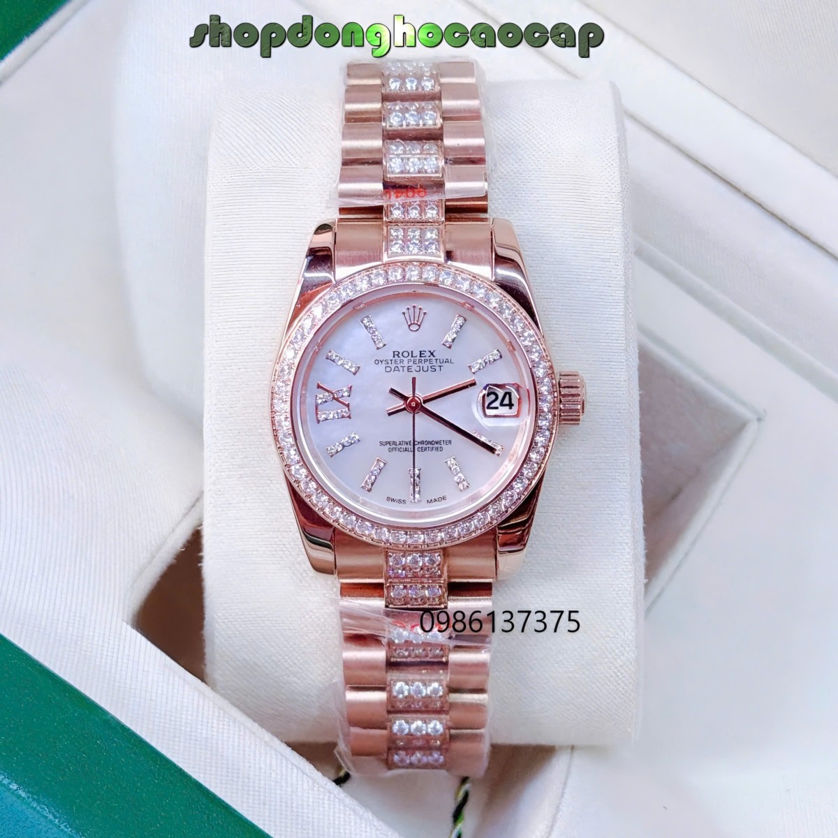 Đồng Hồ Nữ Rolex Datejust Viền Đá Mặt Trắng Xà Cừ Dây Kim Loại Vàng Hồng Đính Đá Size 31mm