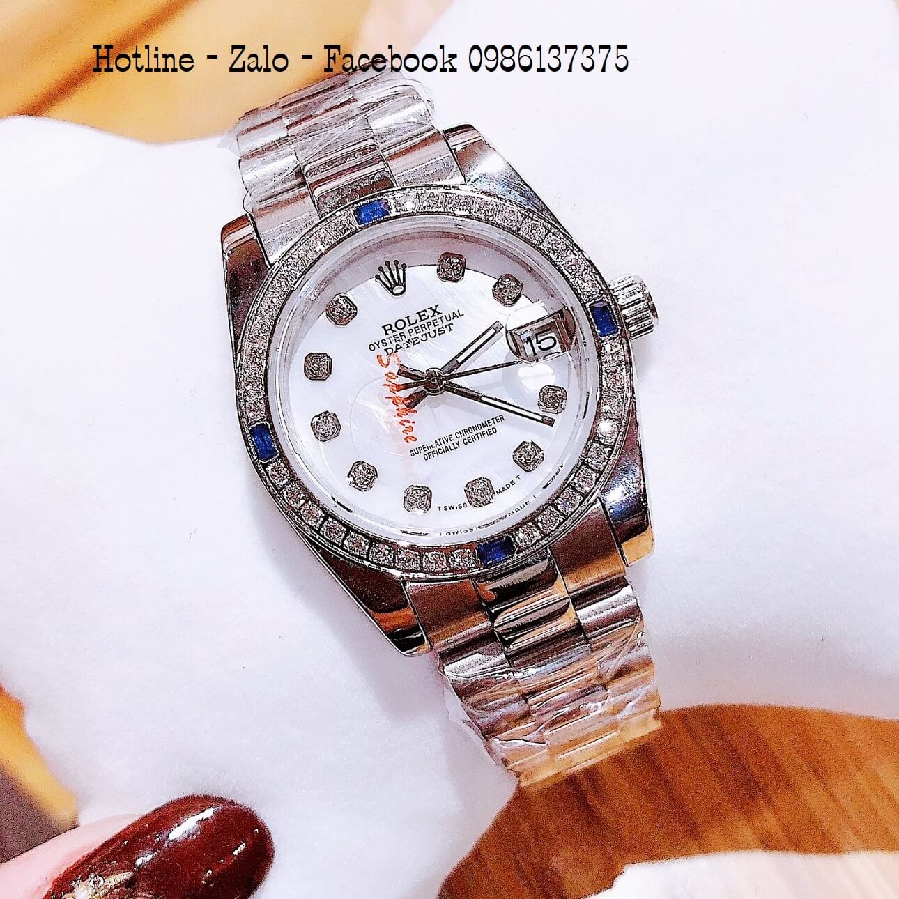 Đồng Hồ Nữ Rolex Quartz Đính Đá Siêu Cấp 32mm 4 Điểm Đá Xanh