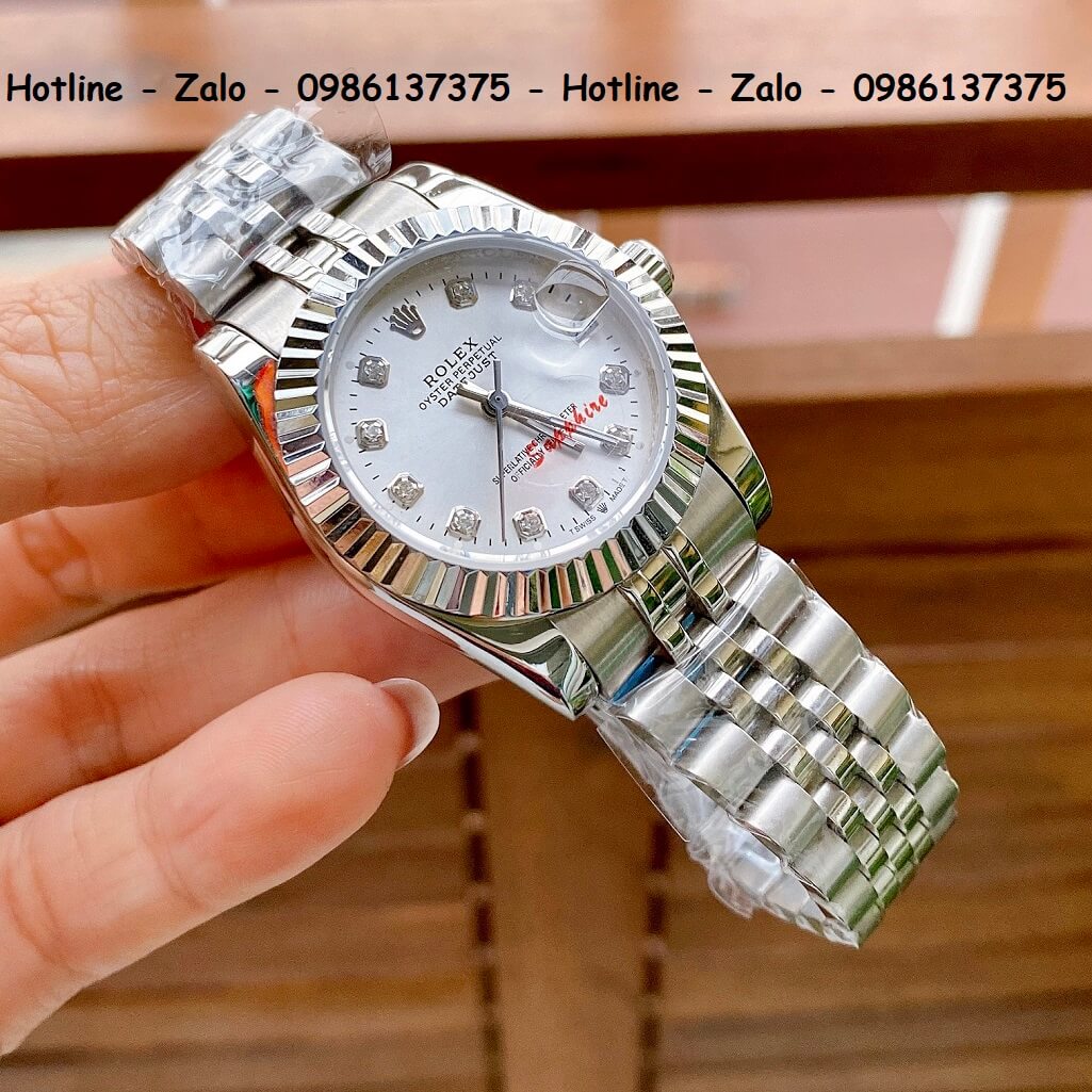 Đồng Hồ Nữ Rolex Quartz Bạc Mặt Trắng 32mm Kèm Hộp