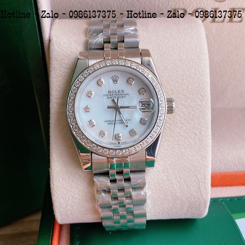 Đồng Hồ Nữ Rolex Viền Đá Dây Bạc Mặt Trắng Ngọc 32mm