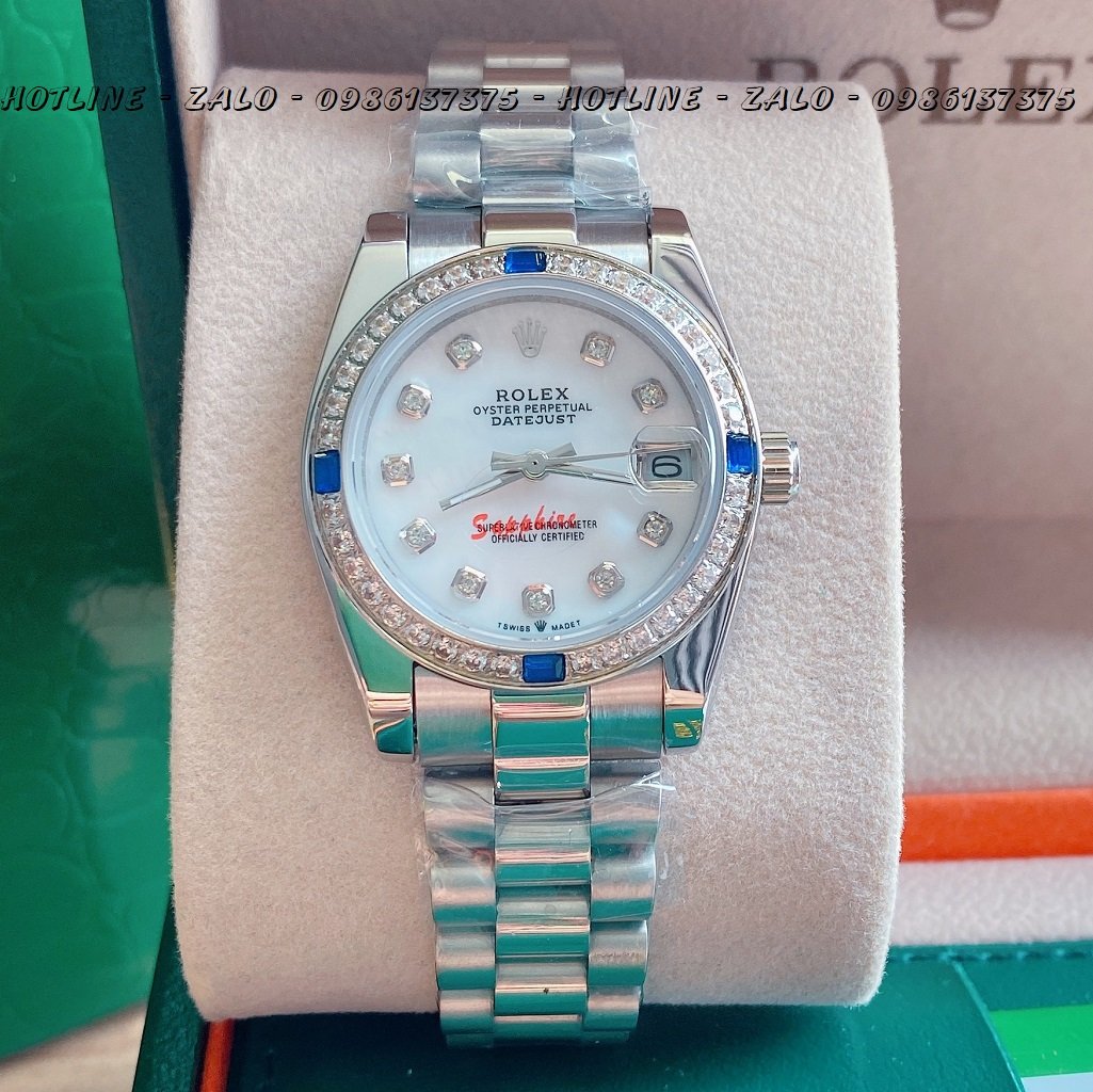 Đồng Hồ Nữ Rolex Viền Đá Dây Bạc Mặt Trắng Ngọc 32mm