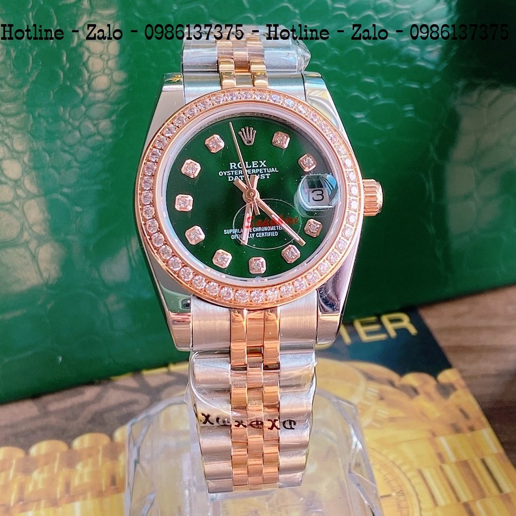 Đồng Hồ Nữ Rolex Viền Đá Dây Demi Mặt Green 32mm