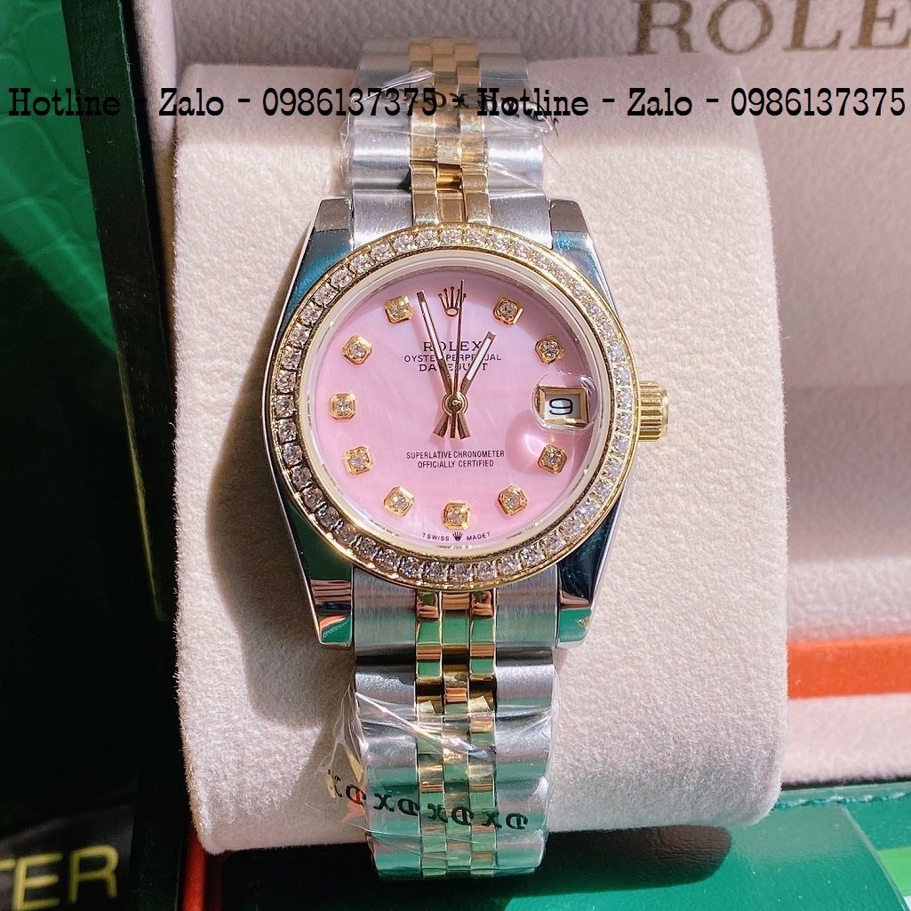 Đồng Hồ Nữ Rolex Viền Đá Dây Demi Mặt Hồng Ngọc 32mm