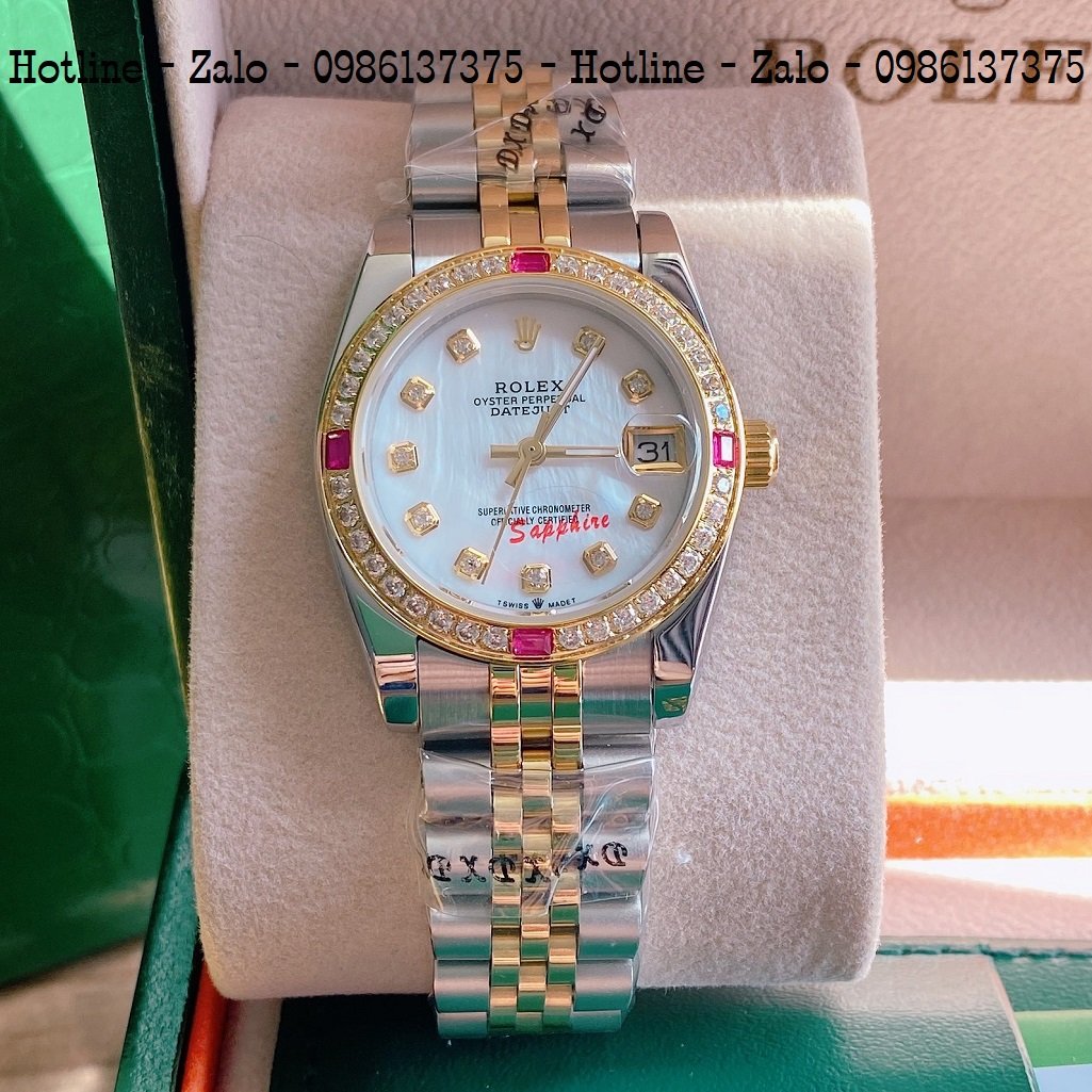 Đồng Hồ Nữ Rolex Viền Đá Dây Vàng Mặt Trắng Ngọc 32mm